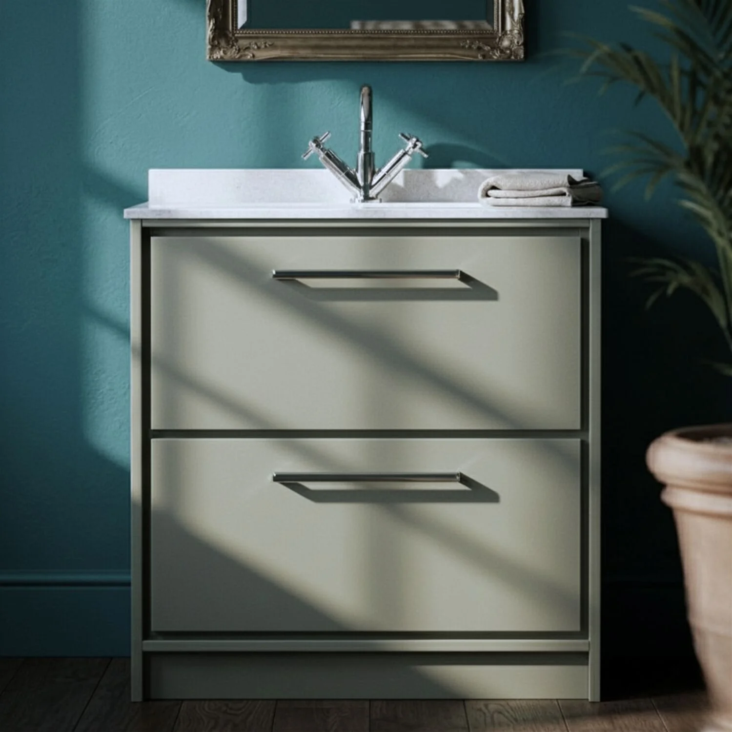 Balterley 800mm Floor Standing 2 Drawer Vanity with Marble Worktop Basin - Fern Green