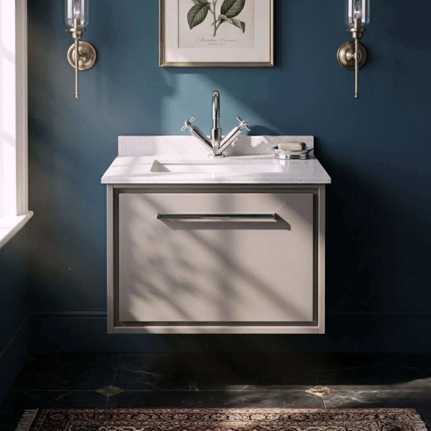 Balterley 600mm Wall Hung Single Drawer Vanity with Marble Worktop Basin - Pebble Grey