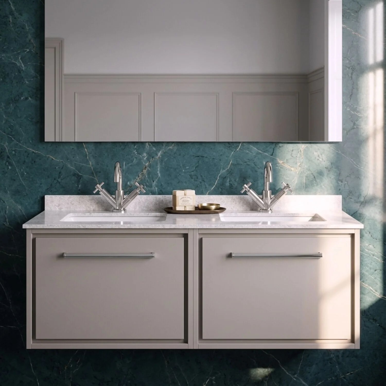 Balterley 1200mm Wall Hung Vanity Unit with Marble Worktop and Double Basins - Pebble Grey