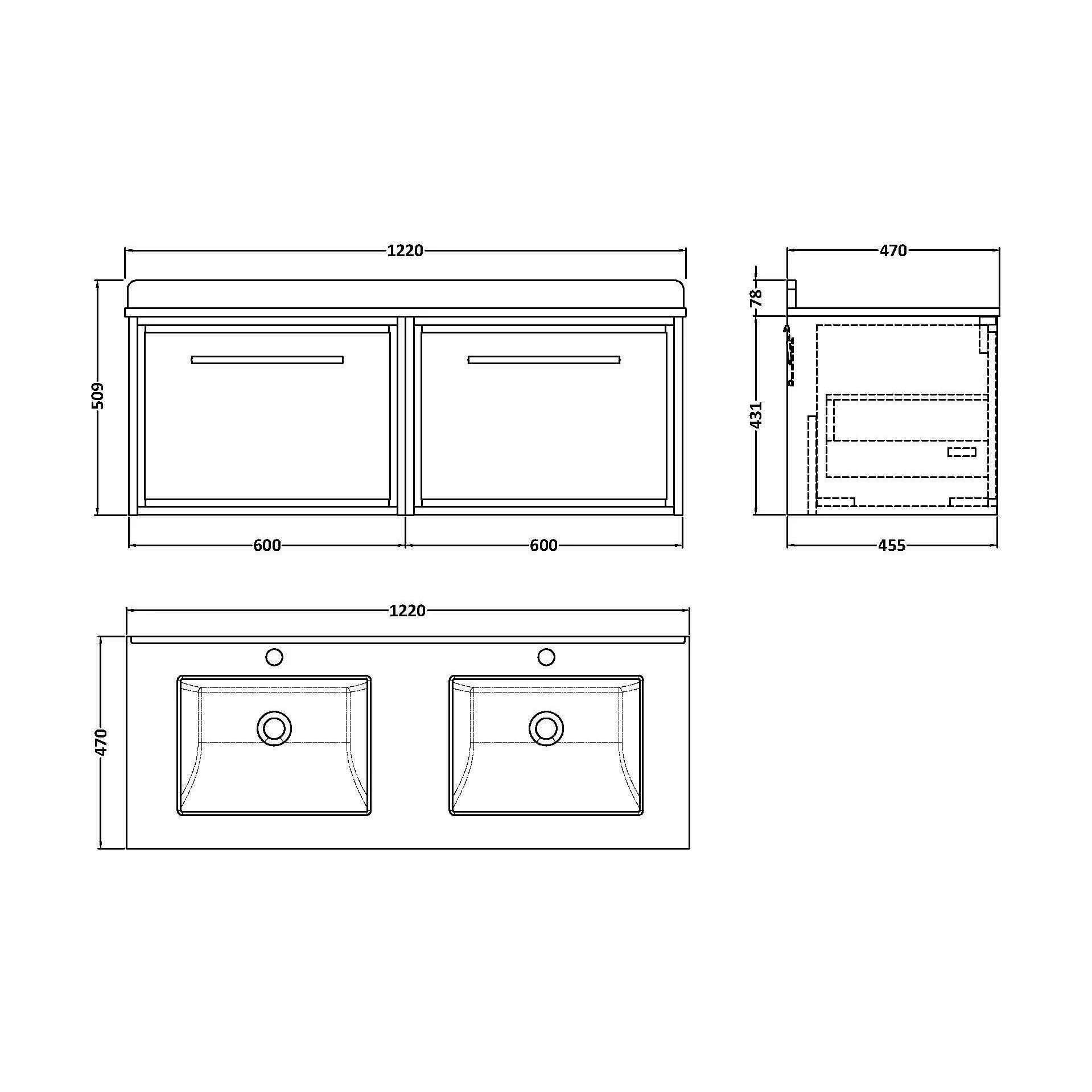 Balterley 1200mm Wall Hung Vanity Unit with Marble Worktop and Double Basins - Pebble Grey - Image 3