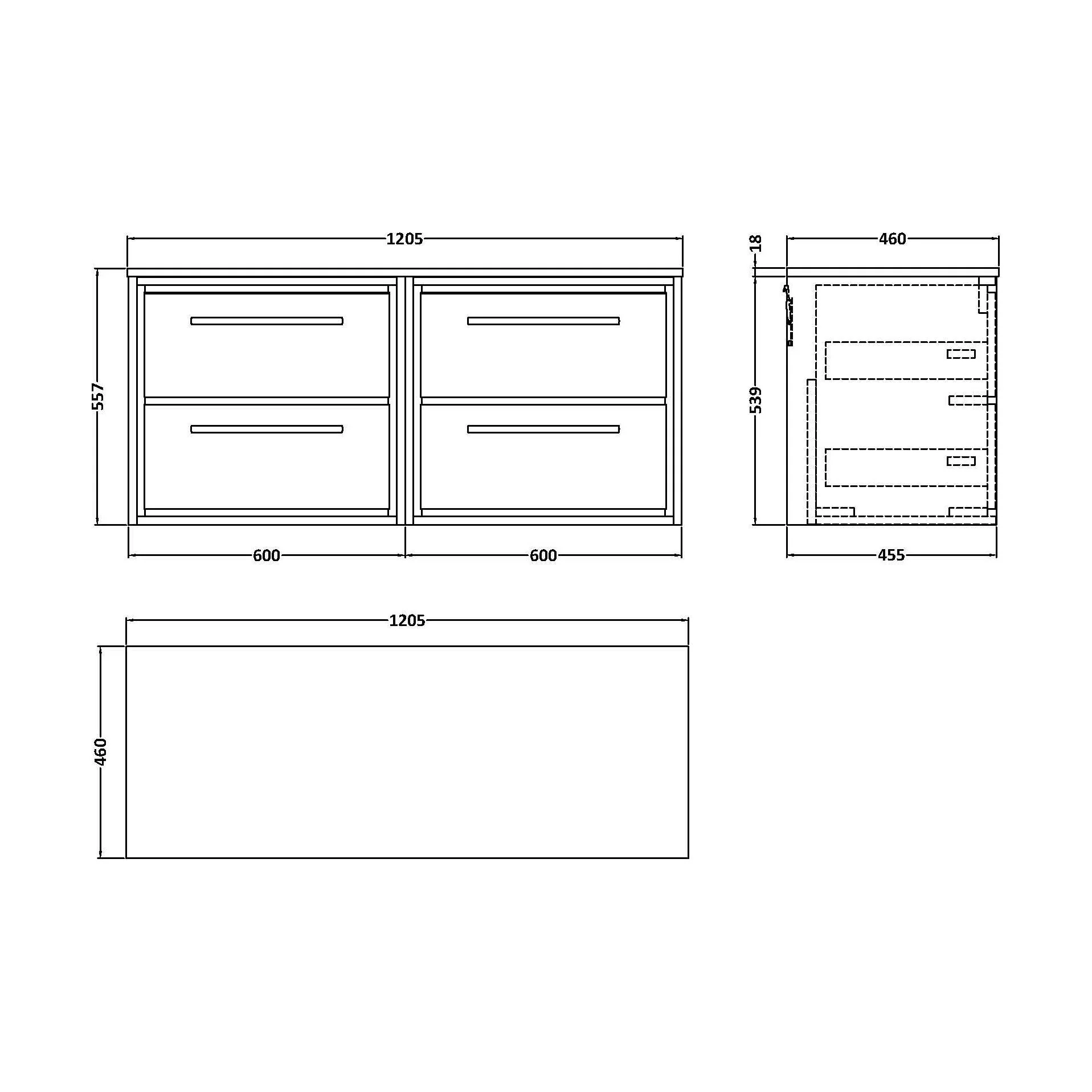 Balterley 1200mm Framed Design Wall Hung 4 Drawer Vanity with Worktop - Pebble Grey - Image 3