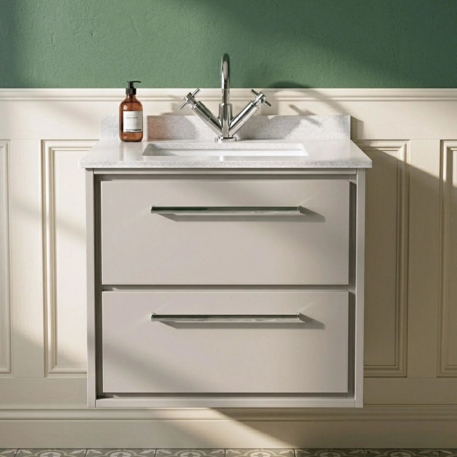 Balterley 600mm Wall Hung 2 Drawer Vanity with Marble Worktop Basin - Pebble Grey