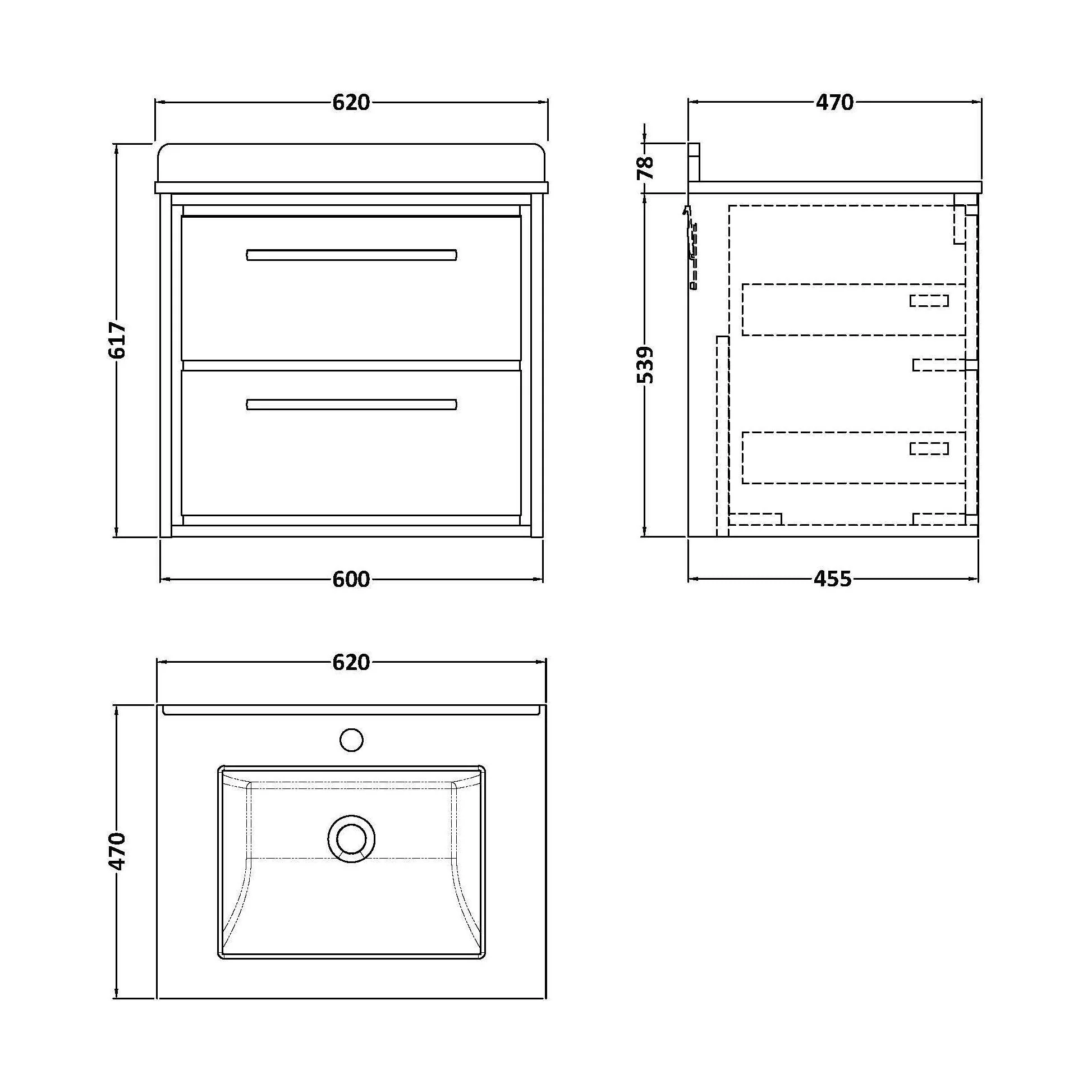 Balterley 600mm Wall Hung 2 Drawer Vanity with Marble Worktop Basin - Pebble Grey - Image 3