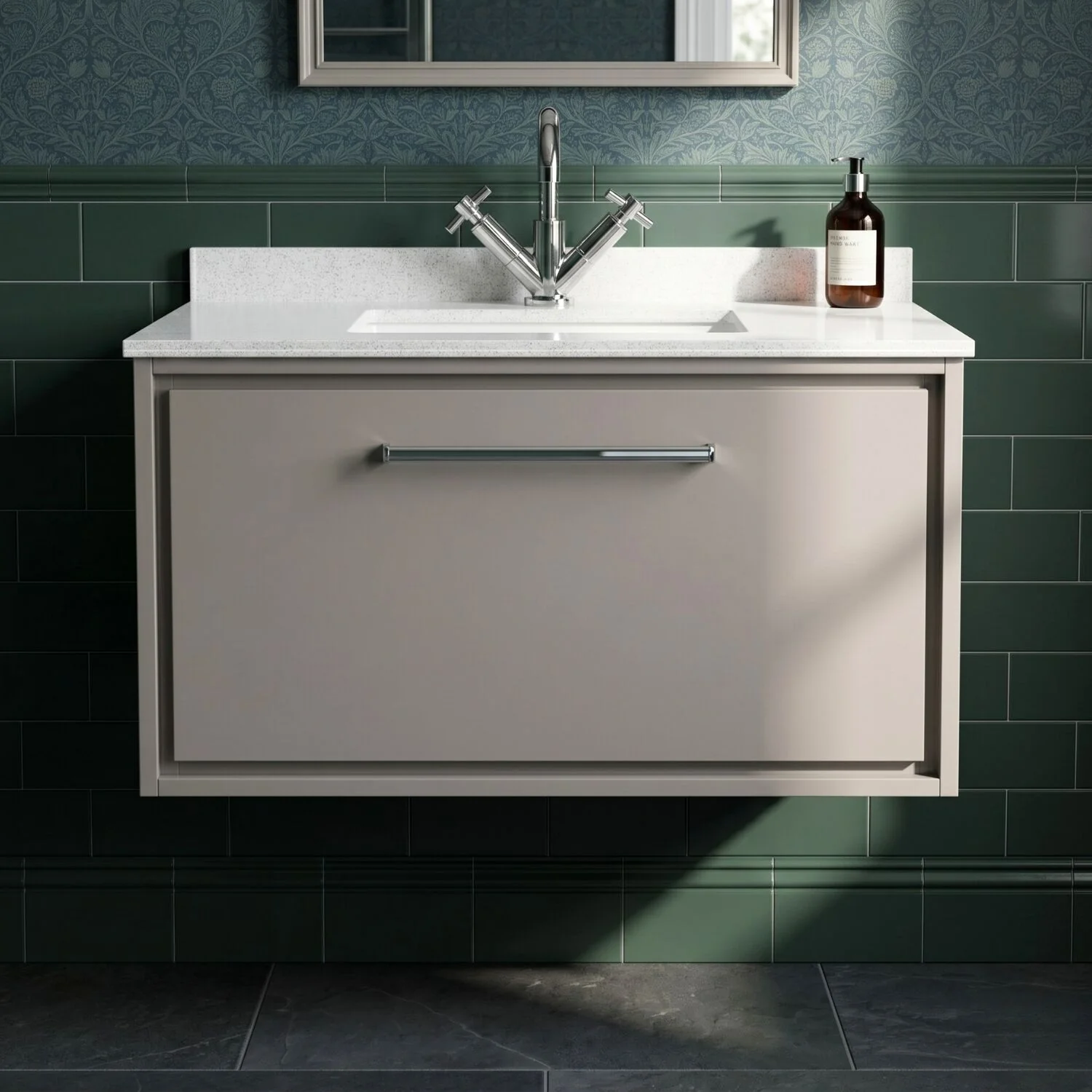 Balterley 800mm Wall Hung Single Drawer Vanity with Marble Worktop Basin - Pebble Grey