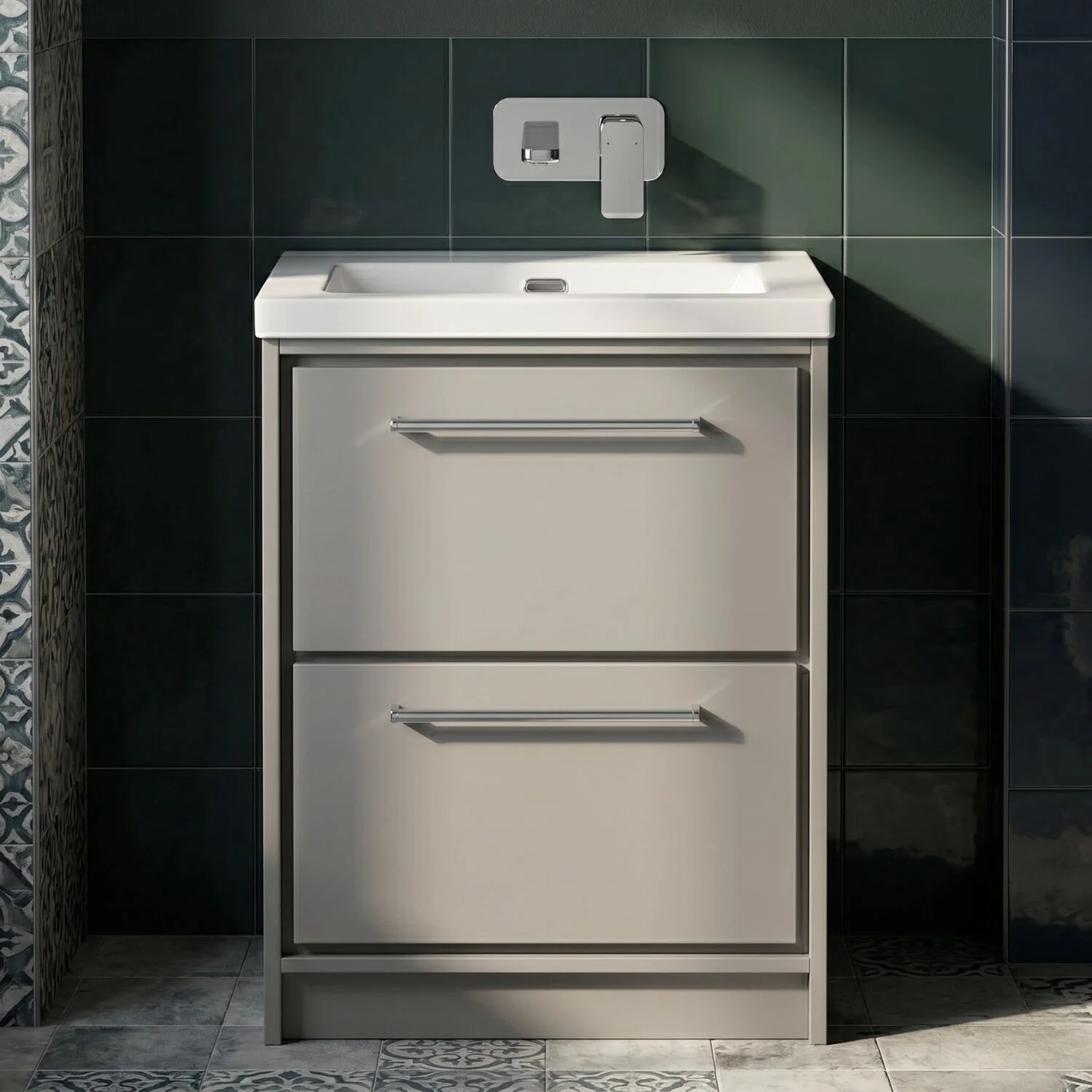 Balterley Modern Bathroom 2 Soft-Close Drawer Floor Standing Vanity Unit Fireclay Basin, Pebble Grey, 600mm