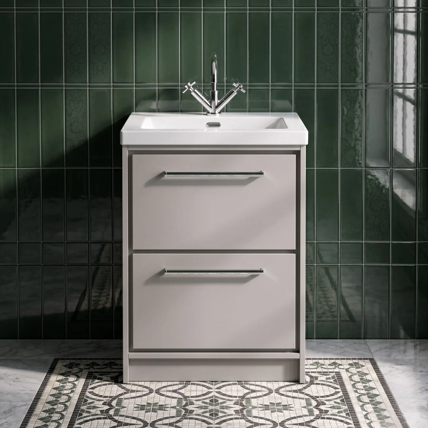 Balterley Modern Bathroom Floor Standing 2 Soft-Close Drawer Vanity Fireclay Basin, Pebble Grey, 600mm