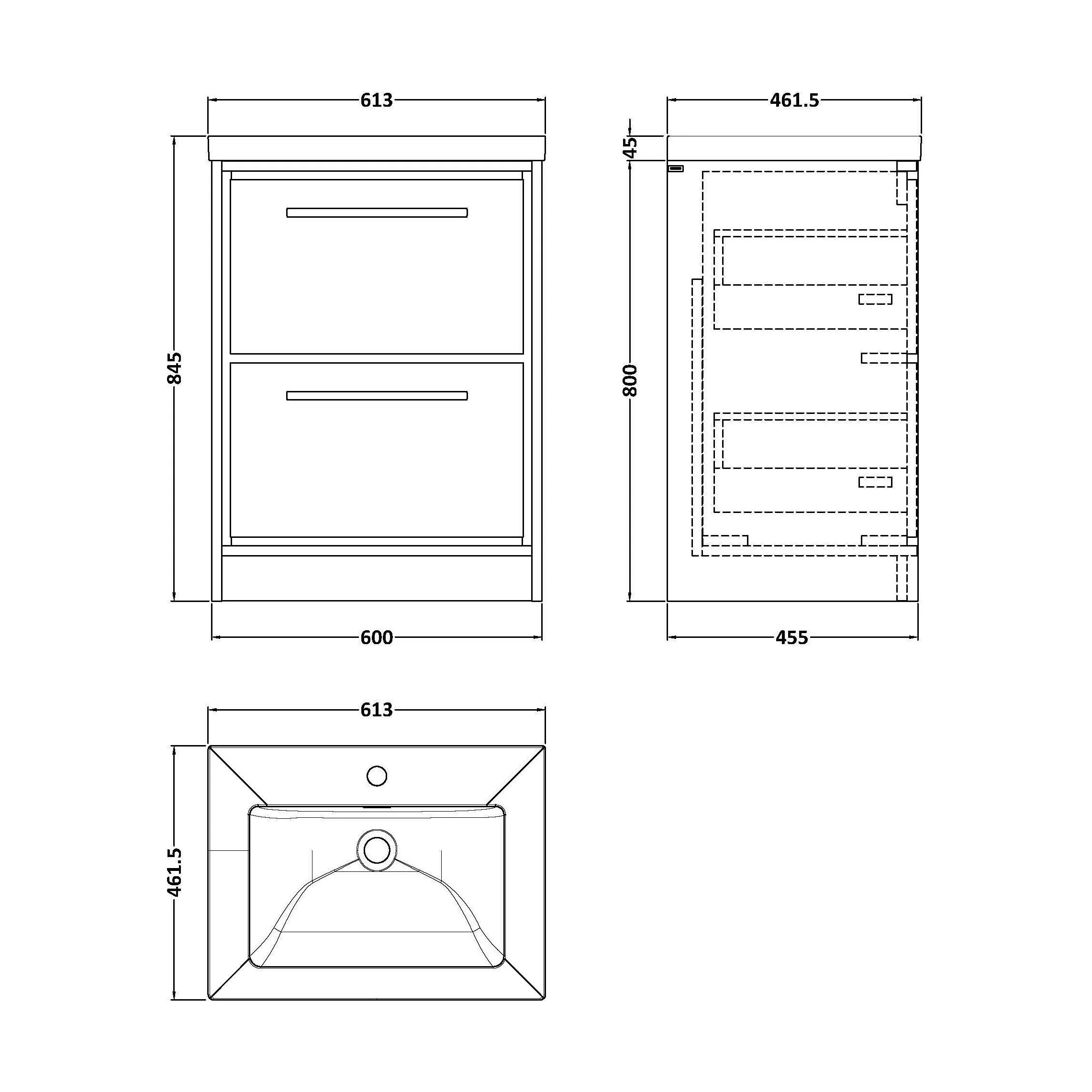 Balterley Modern Bathroom Floor Standing 2 Soft-Close Drawer Vanity Fireclay Basin, Pebble Grey, 600mm - Image 3
