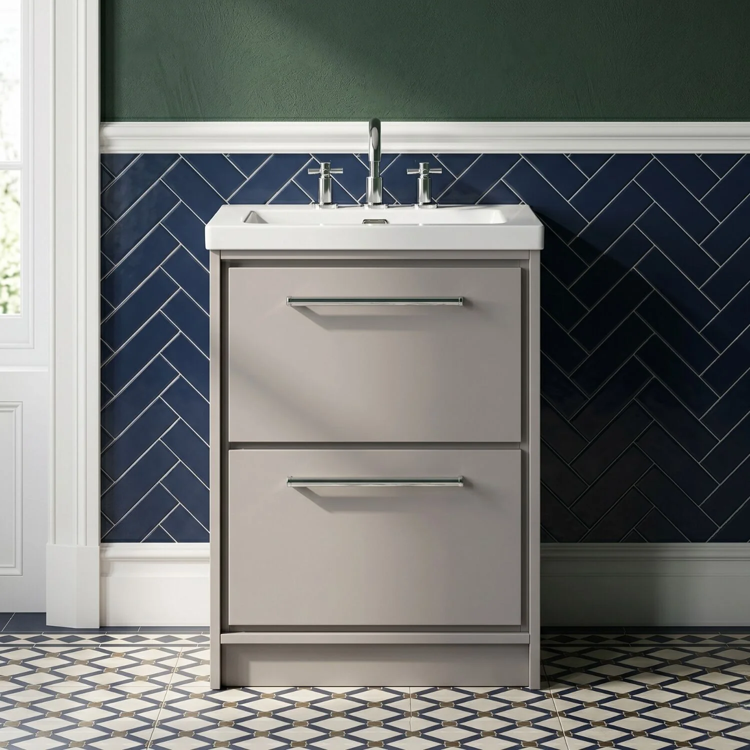 Balterley Modern Bathroom 2 Soft Close Drawer Floor Standing Vanity Unit Fireclay Basin, Pebble Grey, 600mm