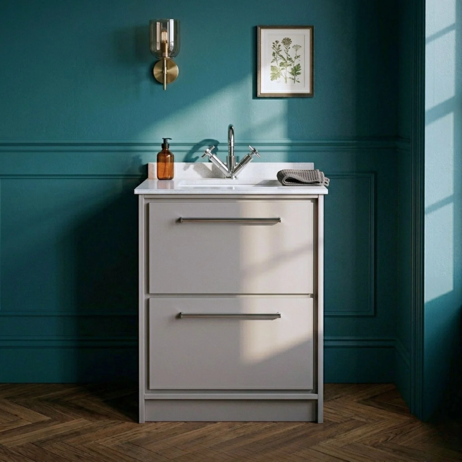 Balterley 600mm Floor Standing 2 Drawer Vanity with Marble Worktop Basin - Pebble Grey