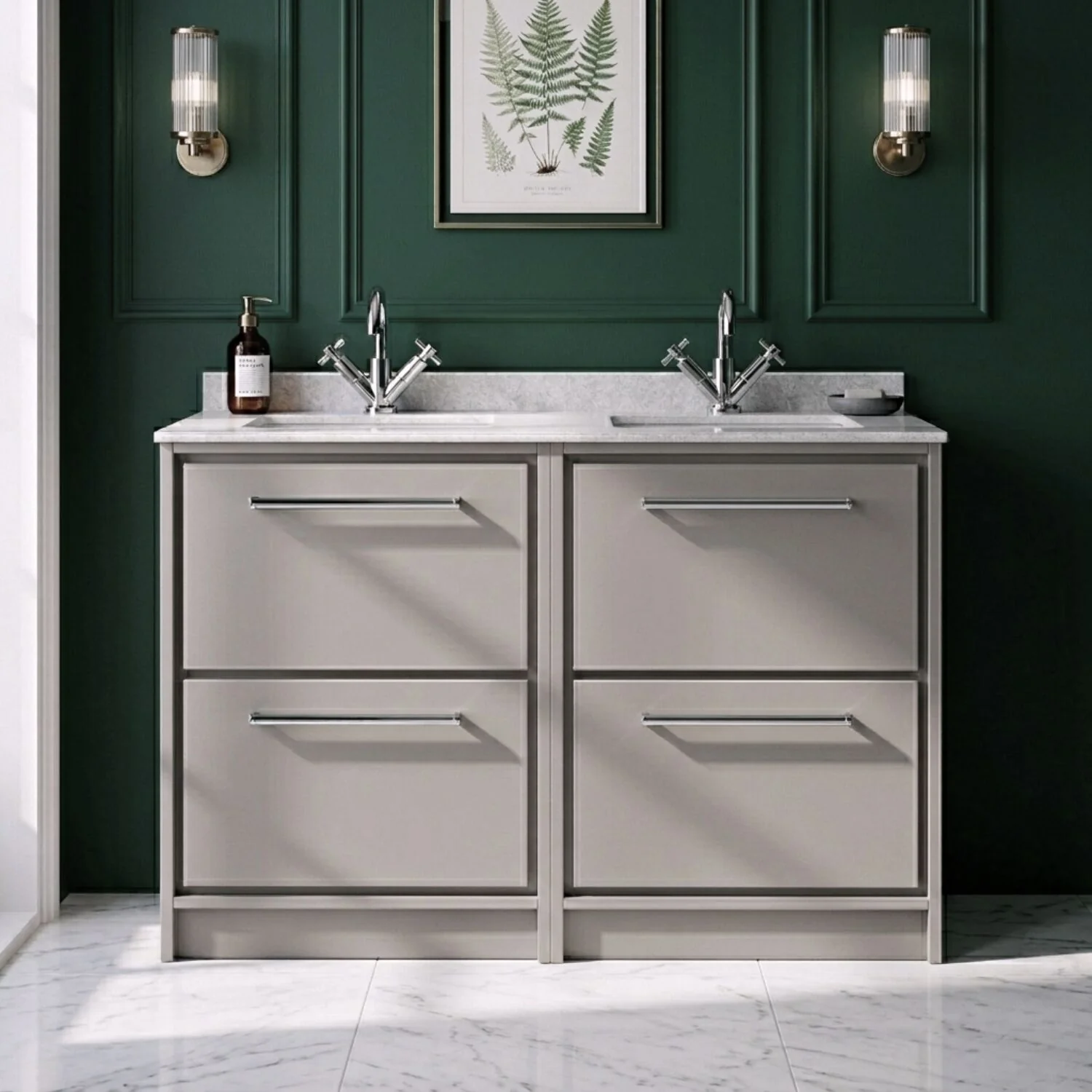 Balterley 1200mm Framed Design Floor Standing 4 Drawer Vanity with Marble Worktop Basin - Pebble Grey