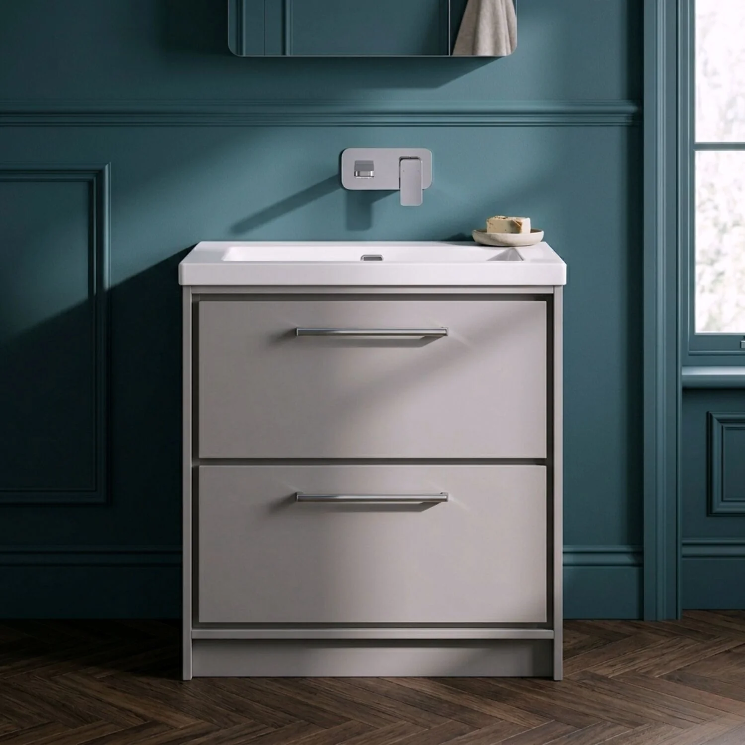 Balterley Modern Bathroom 2 Soft-Close Drawer Floor Standing Vanity Unit Fireclay Basin, Pebble Grey, 800mm