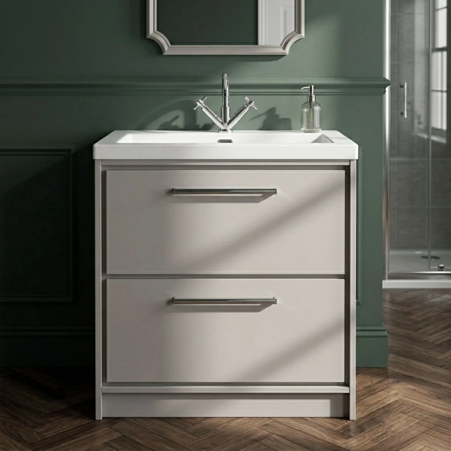 Balterley Modern Bathroom Floor Standing 2 Soft-Close Drawer Vanity Fireclay Basin, Pebble Grey, 800mm