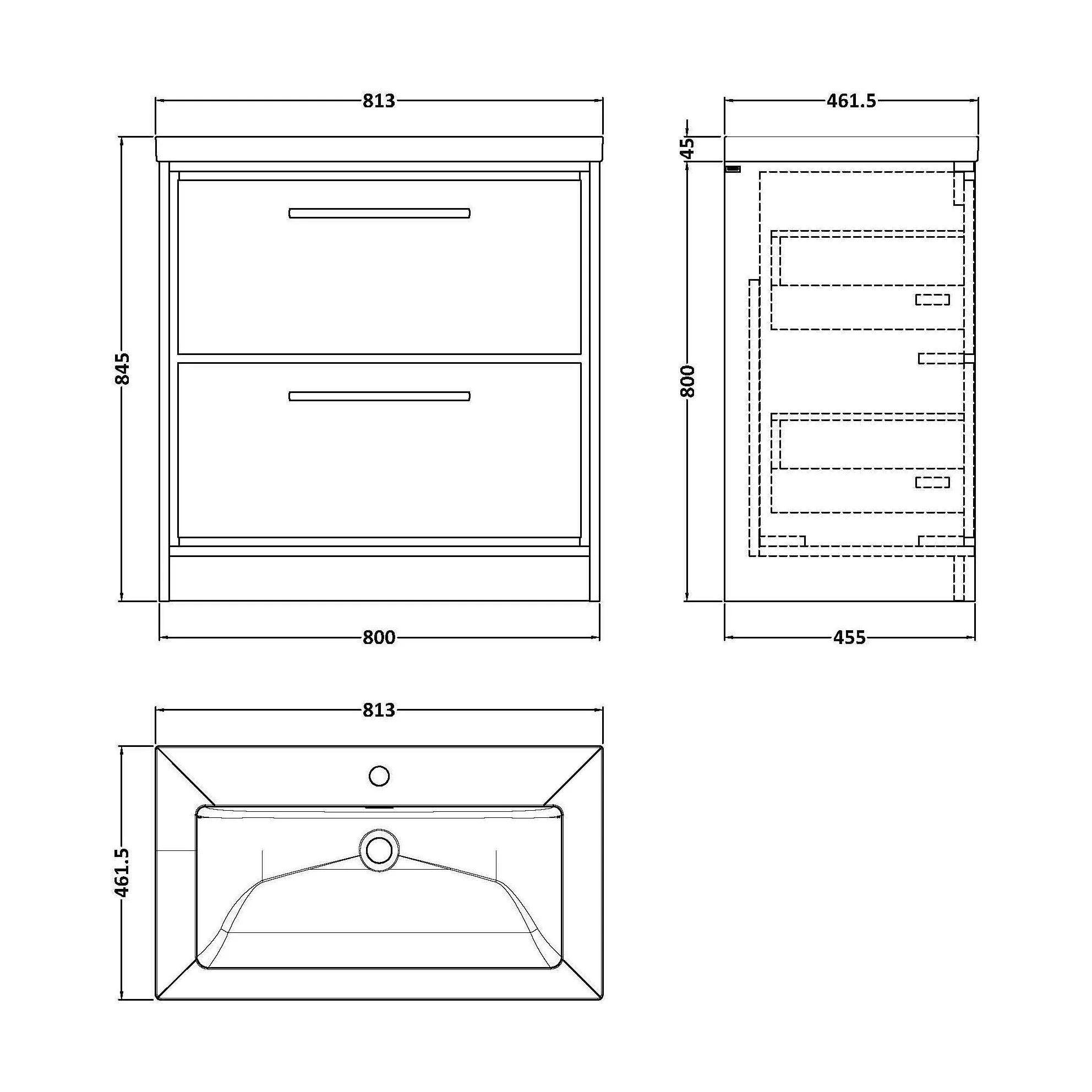 Balterley Modern Bathroom Floor Standing 2 Soft-Close Drawer Vanity Fireclay Basin, Pebble Grey, 800mm - Image 3