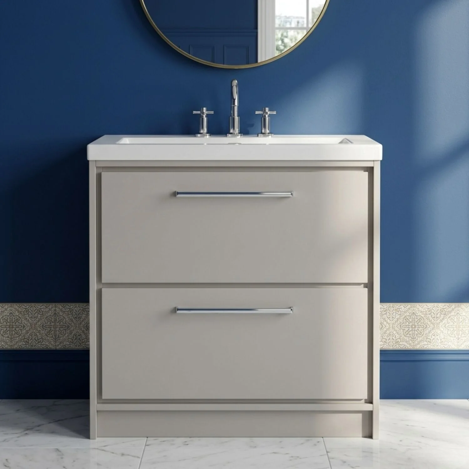 Balterley Modern Bathroom 2 Soft Close Drawer Floor Standing Vanity Unit Fireclay Basin, Pebble Grey, 800mm
