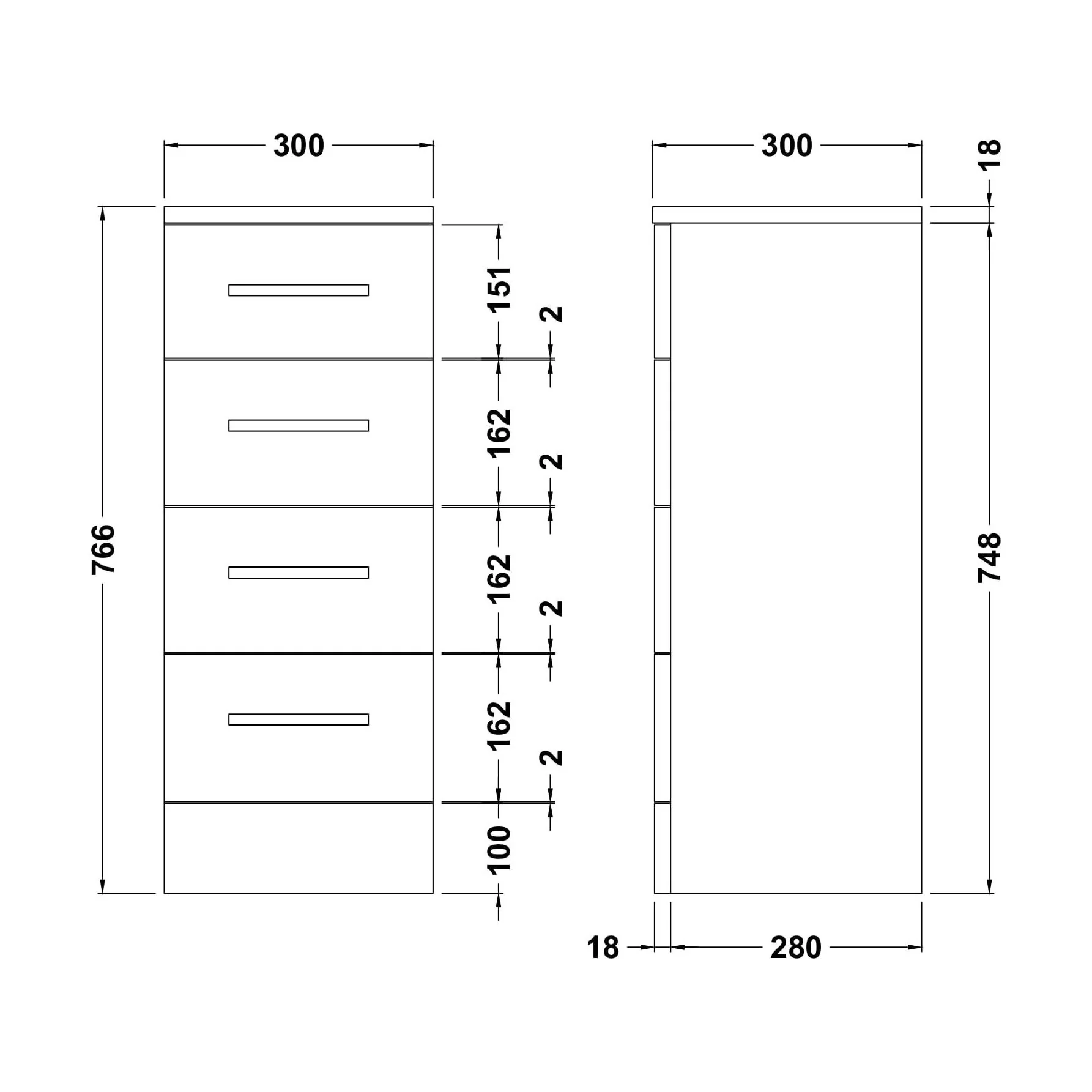Slimline 4 Drawer Unit - 300mm - Gloss White - Image 3