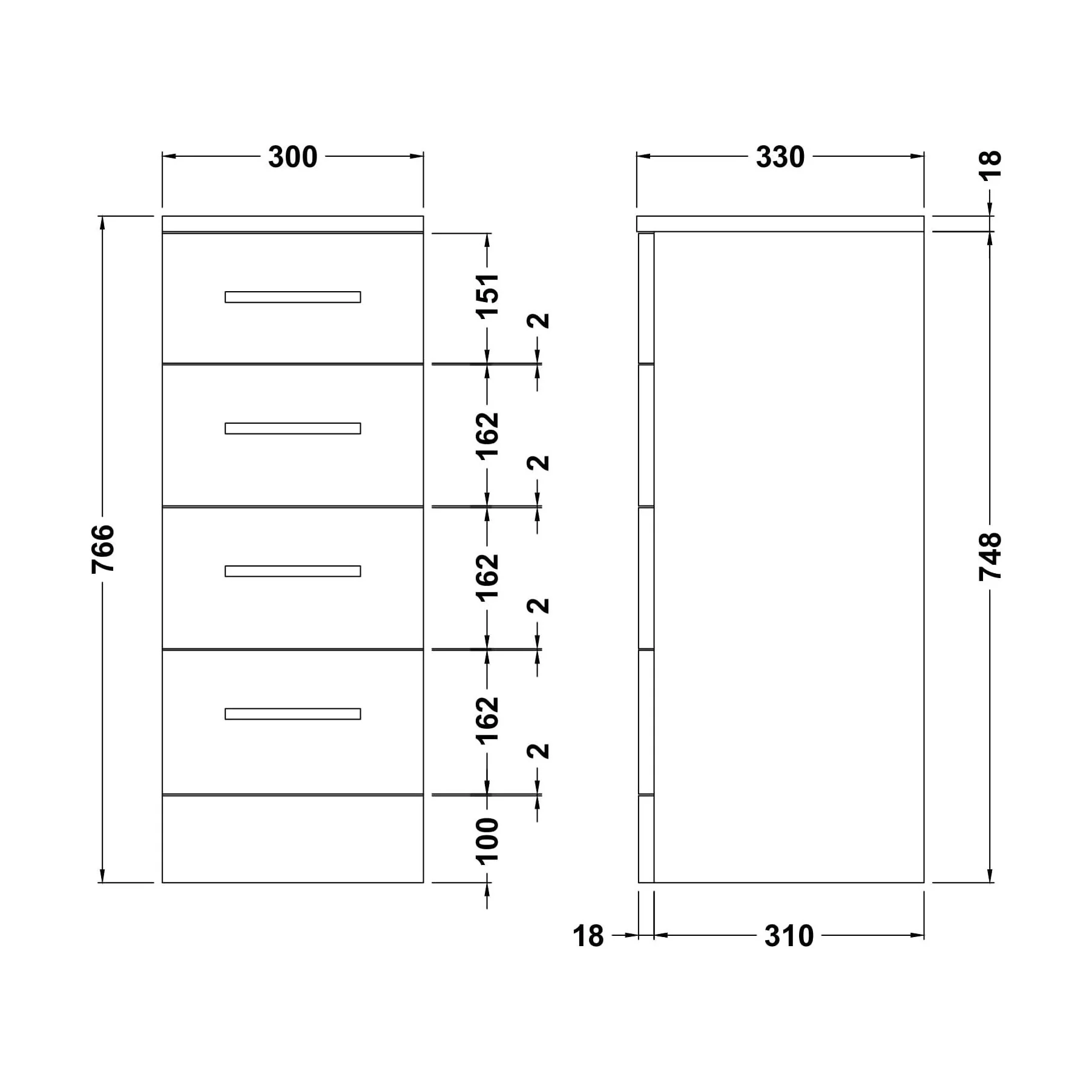 Floor Standing 4 Drawer Bathroom Unit - 300mm - Gloss White - Image 2