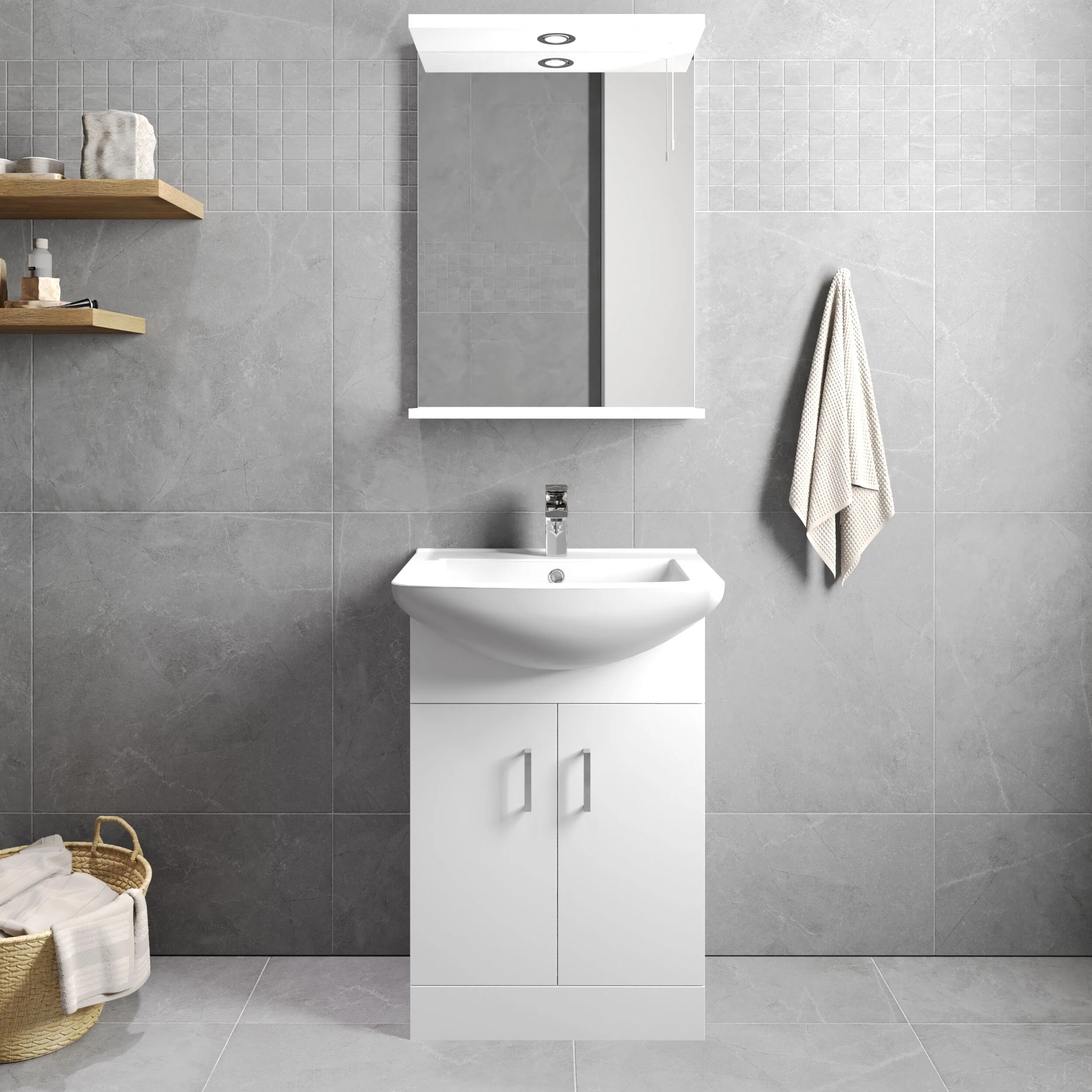 2 Door Vanity Basin Unit with Square Basin - 550mm - Gloss White - Image 2