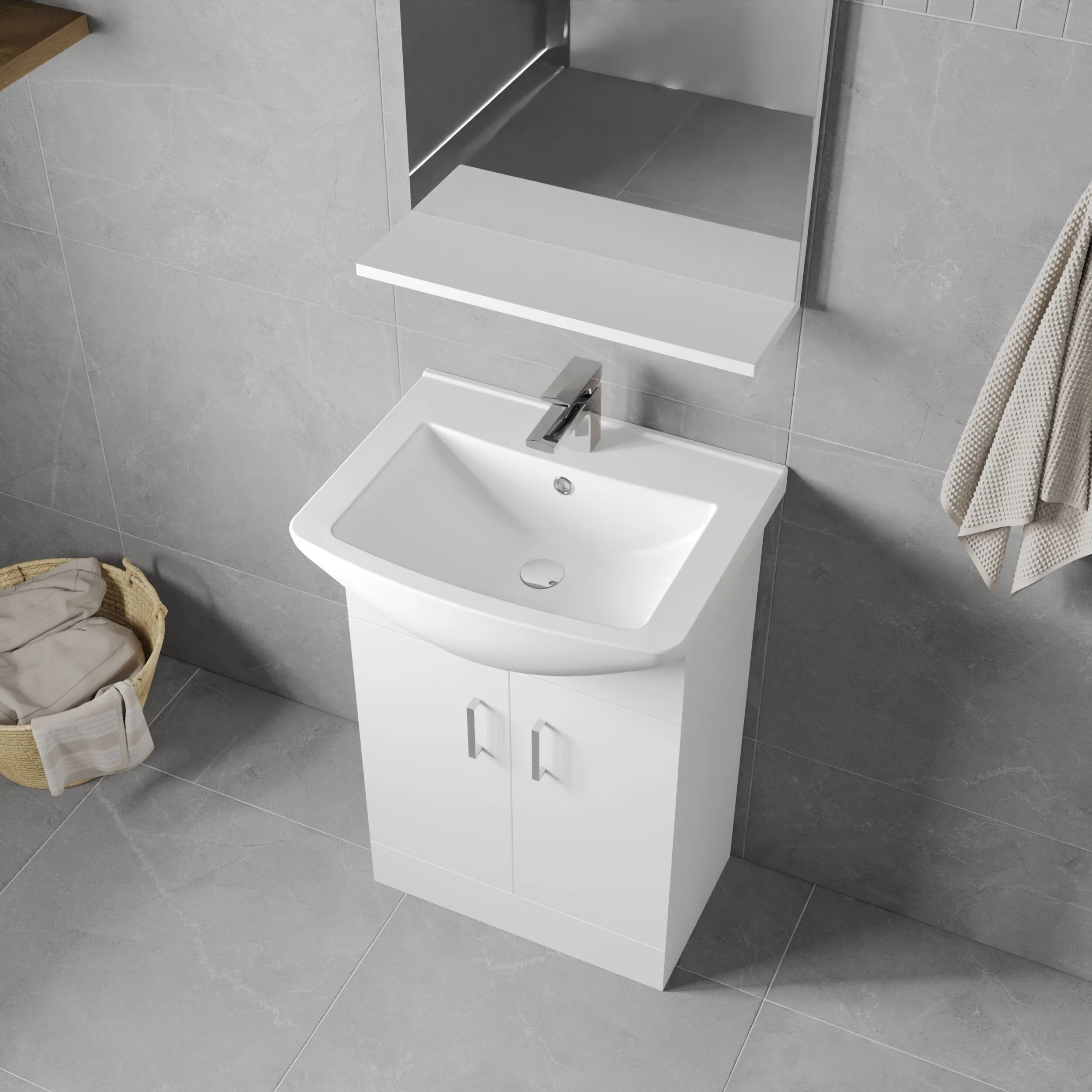 2 Door Vanity Basin Unit with Square Basin - 550mm - Gloss White - Image 3