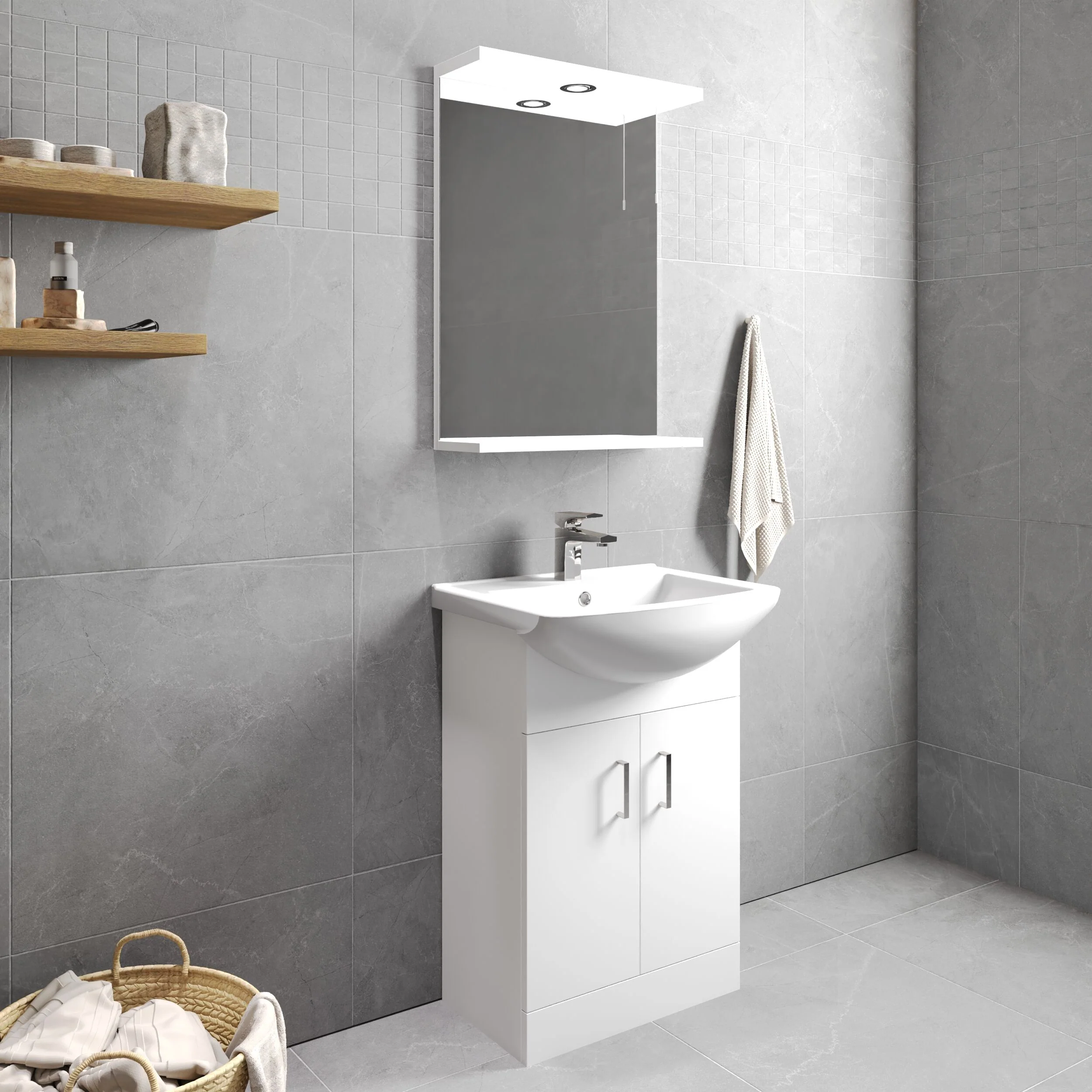 2 Door Vanity Basin Unit with Square Basin - 550mm - Gloss White - Image 4