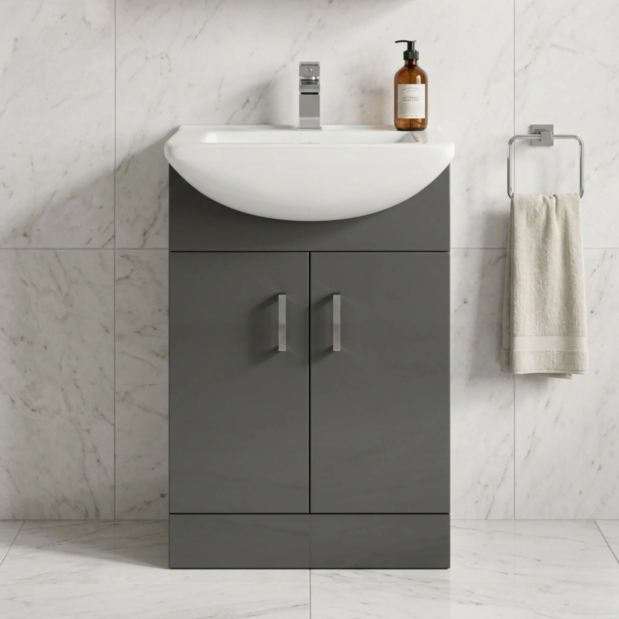 Modern Floor Standing Bathroom 2 Door Vanity and Rectangular Basin Unit - 550mm, Satin Dark Grey, Soft Close Doors