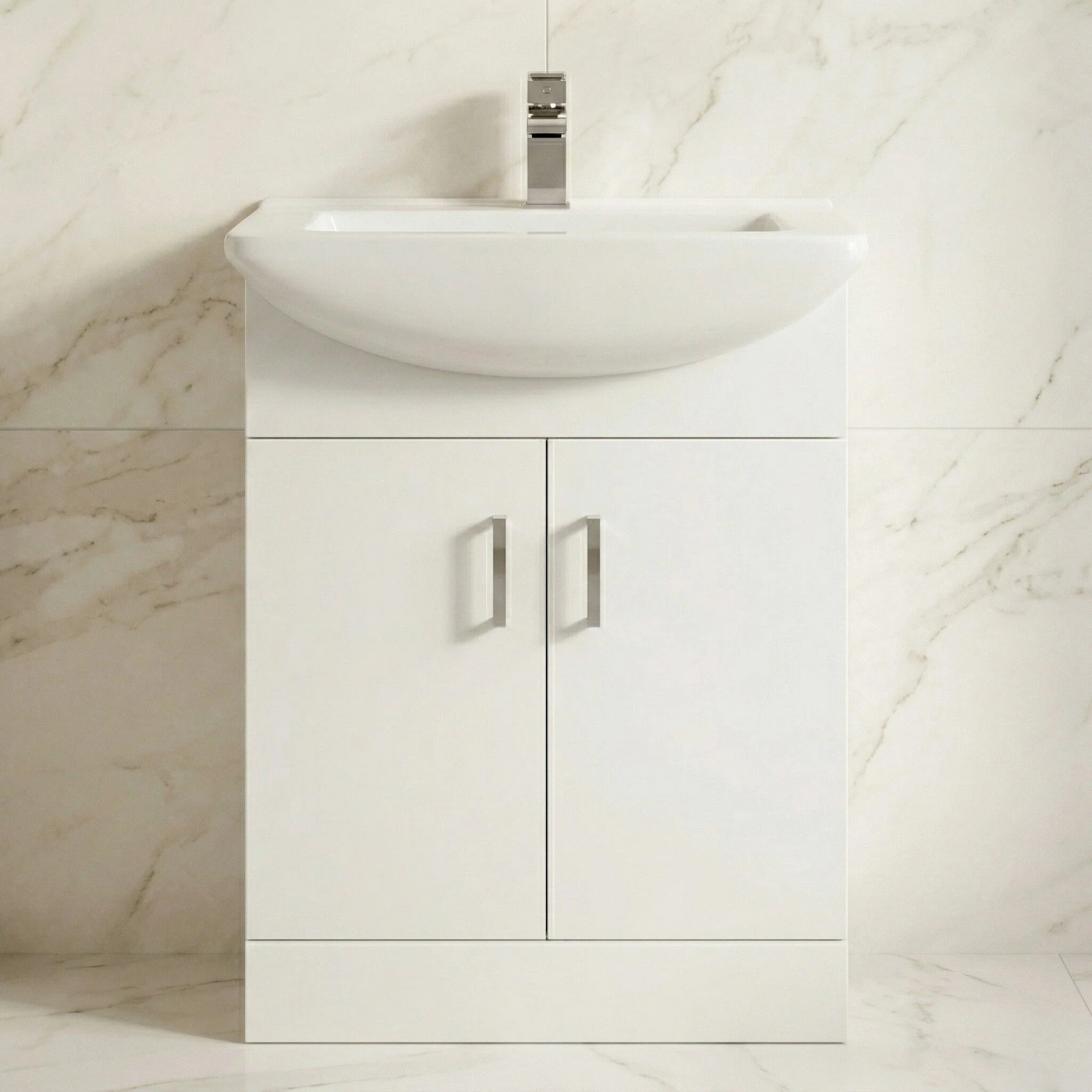 650mm - Gloss White - Floor Standing 2 Door Vanity Basin Unit with Square Basin