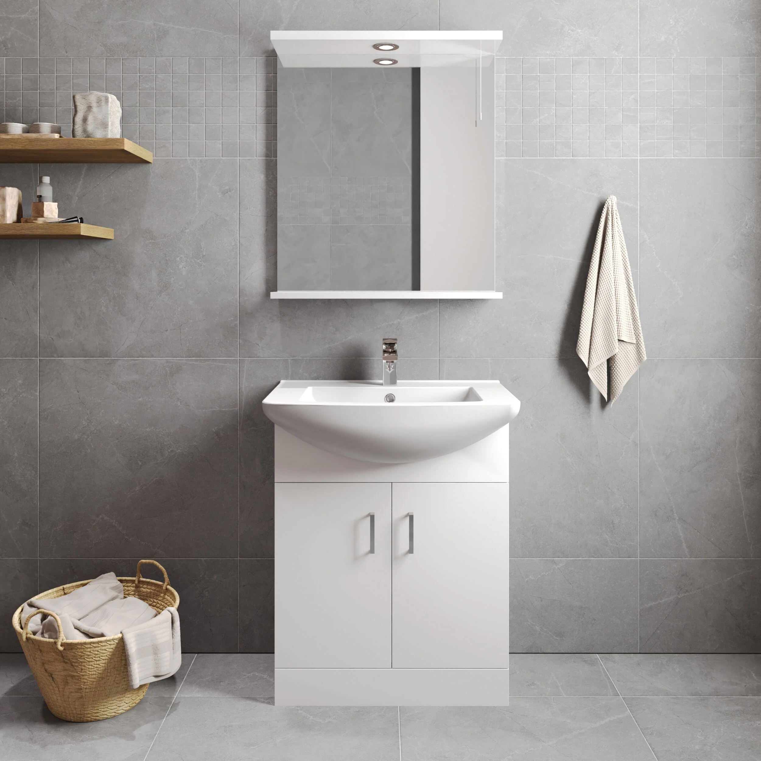 650mm - Gloss White - Floor Standing 2 Door Vanity Basin Unit with Square Basin - Image 2