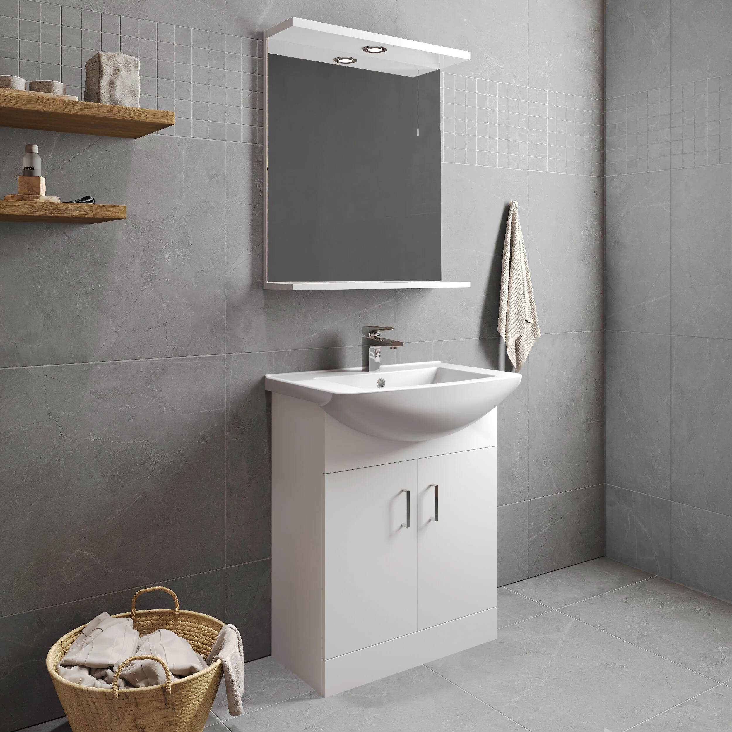 650mm - Gloss White - Floor Standing 2 Door Vanity Basin Unit with Square Basin - Image 4