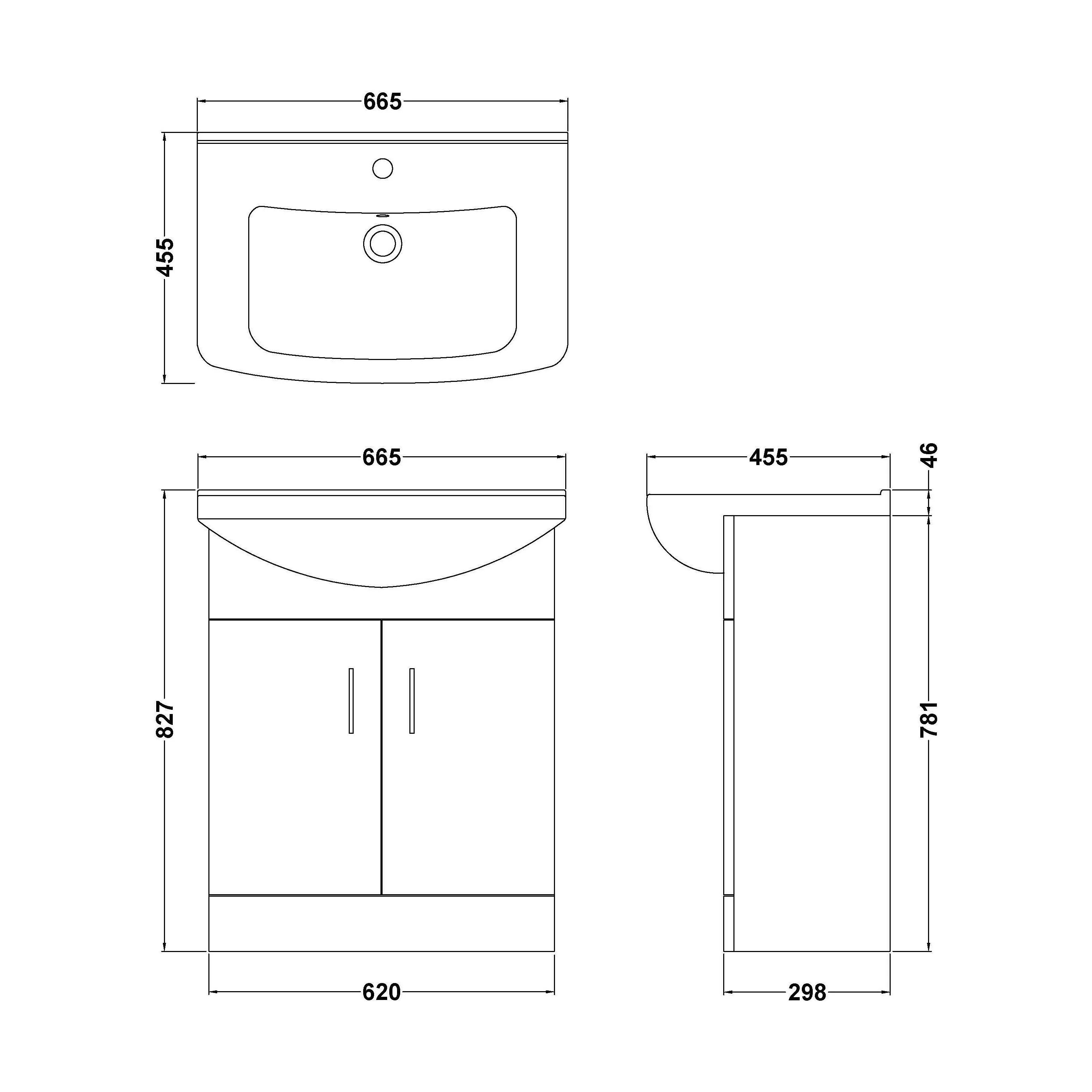 650mm - Gloss White - Floor Standing 2 Door Vanity Basin Unit with Square Basin - Image 6