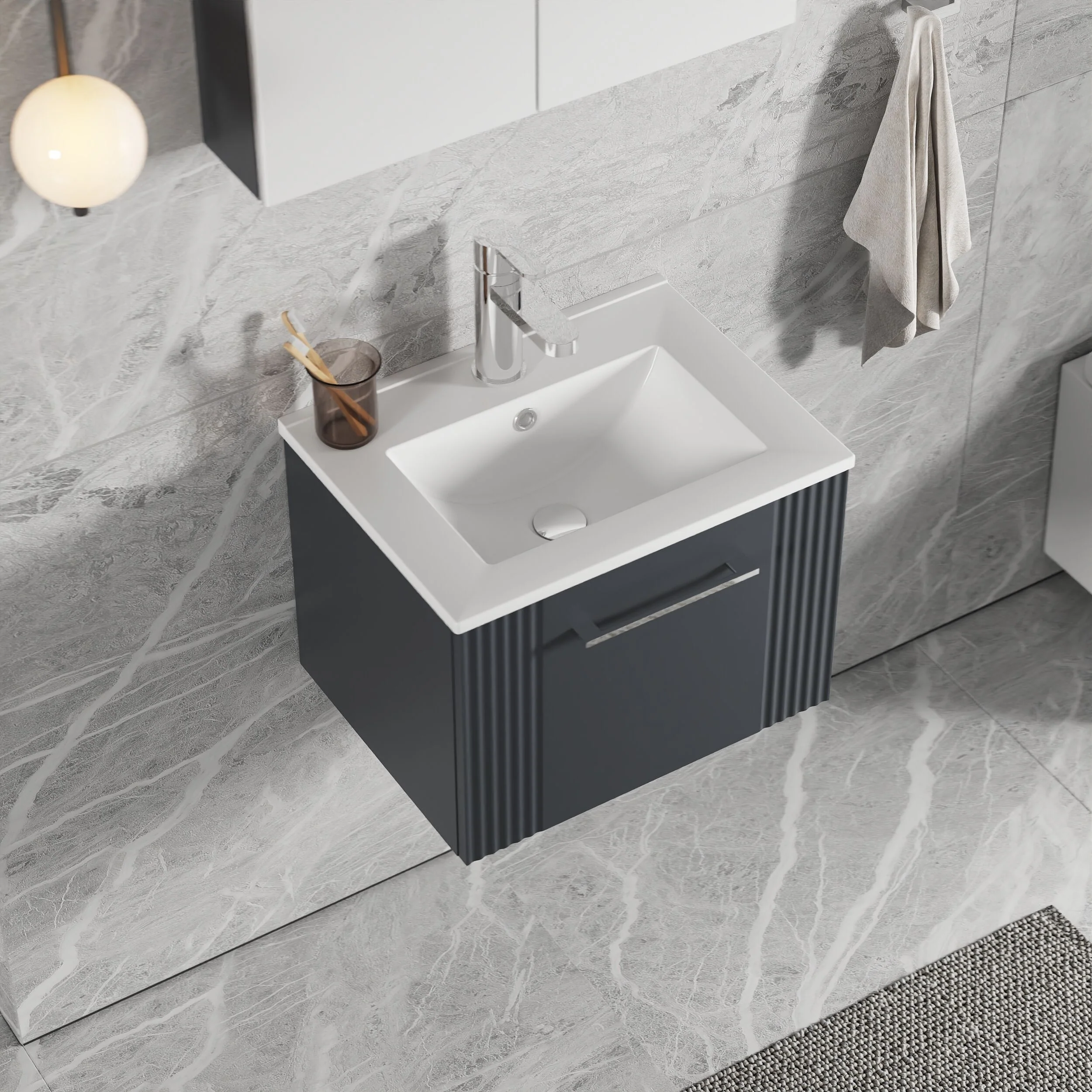 Partial Fluted 1 Drawer Wall Hung Vanity Unit with 1 Tap Hole Minimalist Basin - 500mm - Satin Dark Grey - Image 3