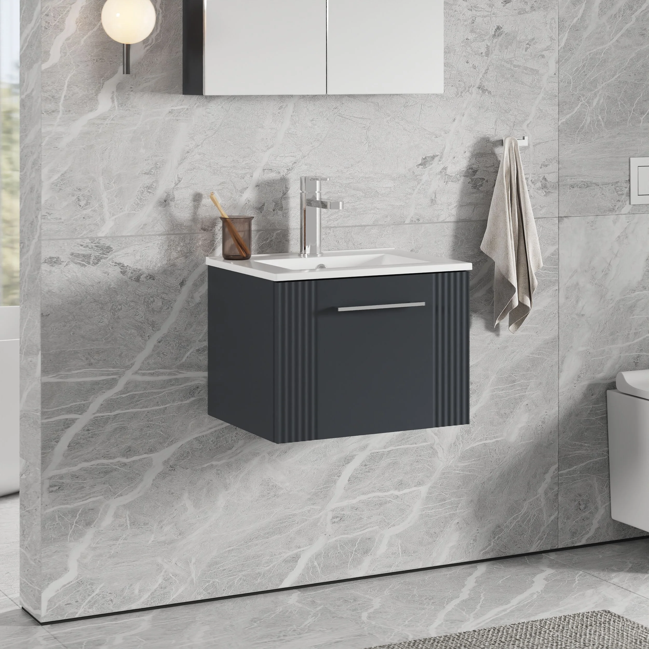 Partial Fluted 1 Drawer Wall Hung Vanity Unit with 1 Tap Hole Minimalist Basin - 500mm - Satin Dark Grey - Image 4