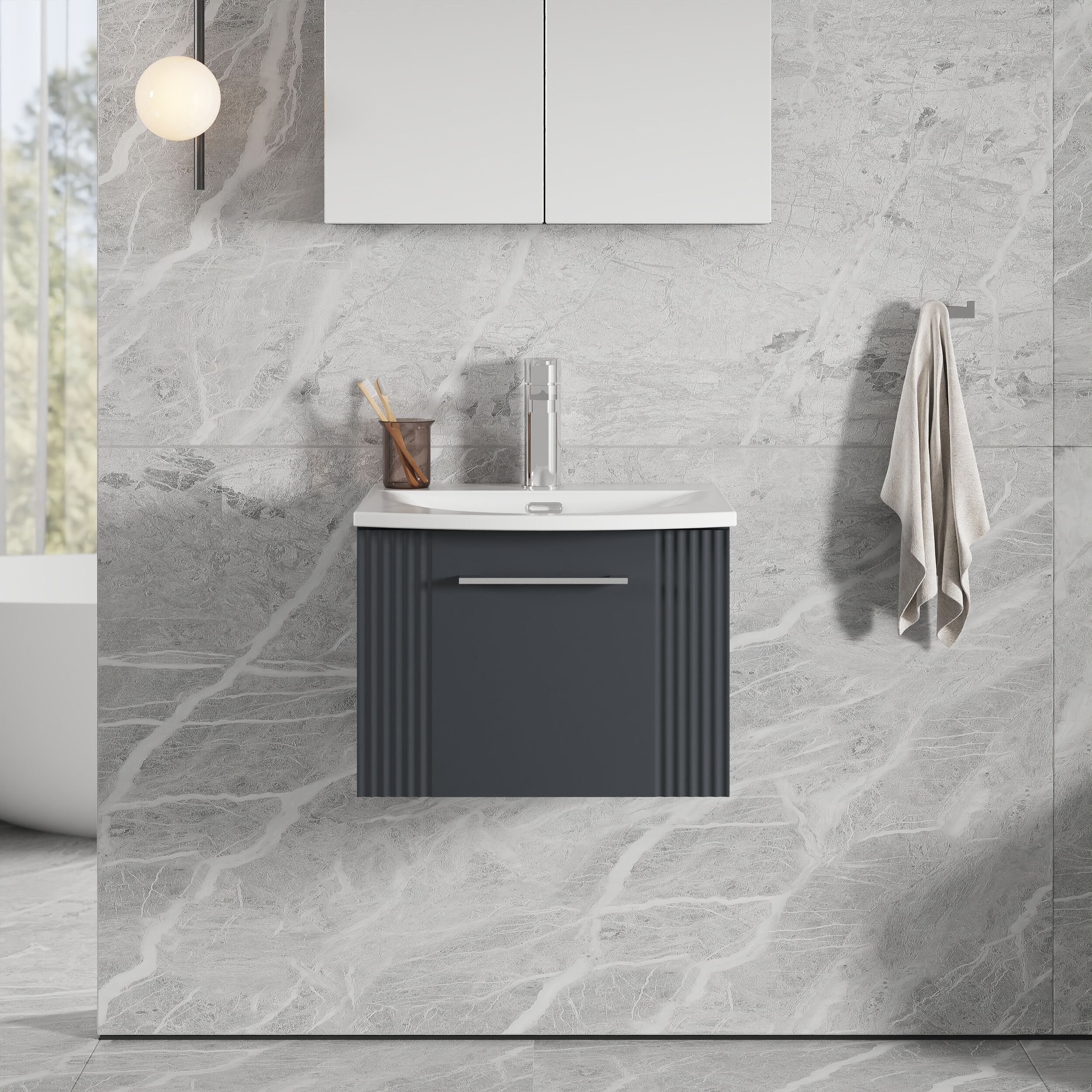 Partial Fluted 1 Drawer Wall Hung Vanity Unit with 1 Tap Hole Curved Basin- 500mm - Satin Dark Grey - Image 2