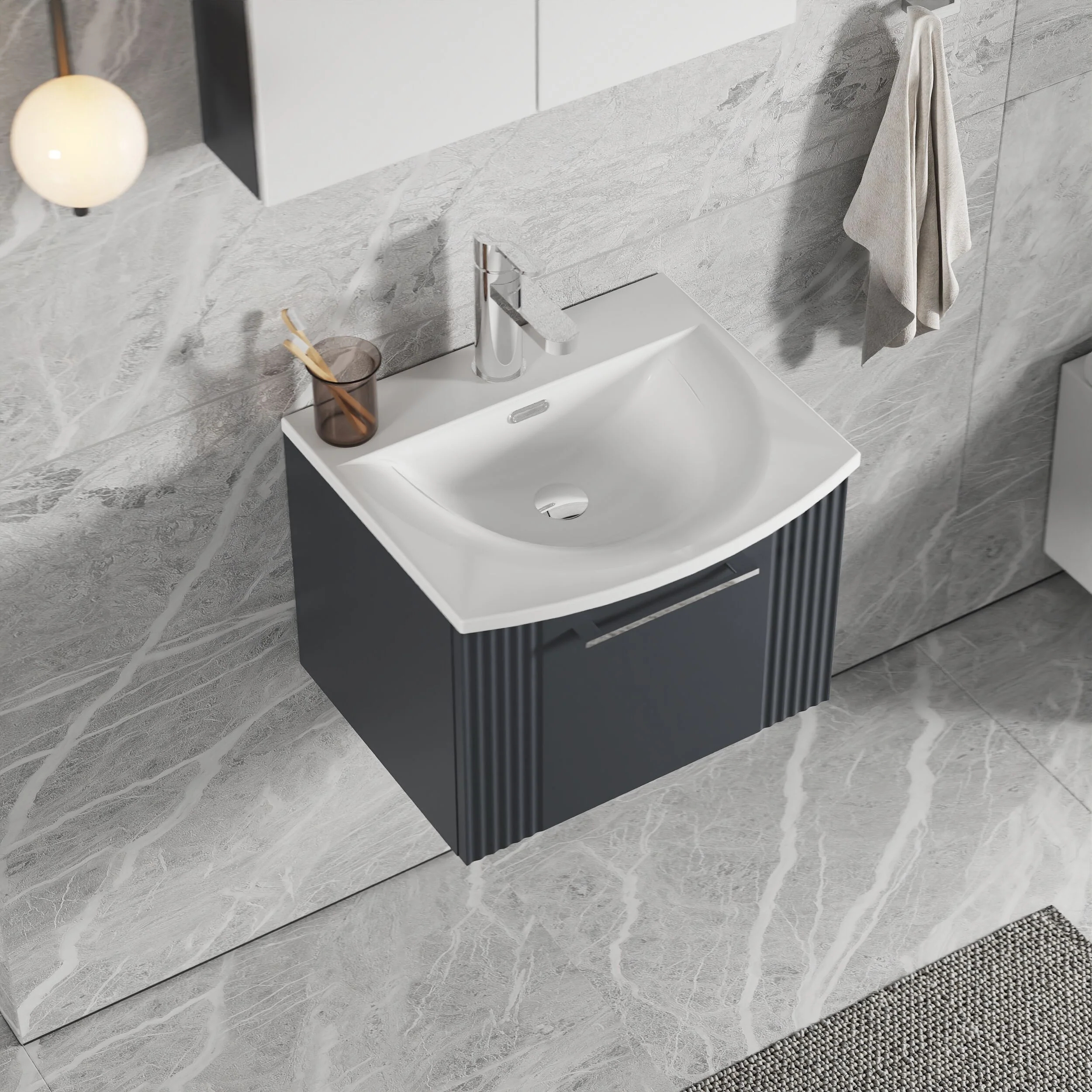 Partial Fluted 1 Drawer Wall Hung Vanity Unit with 1 Tap Hole Curved Basin- 500mm - Satin Dark Grey - Image 3