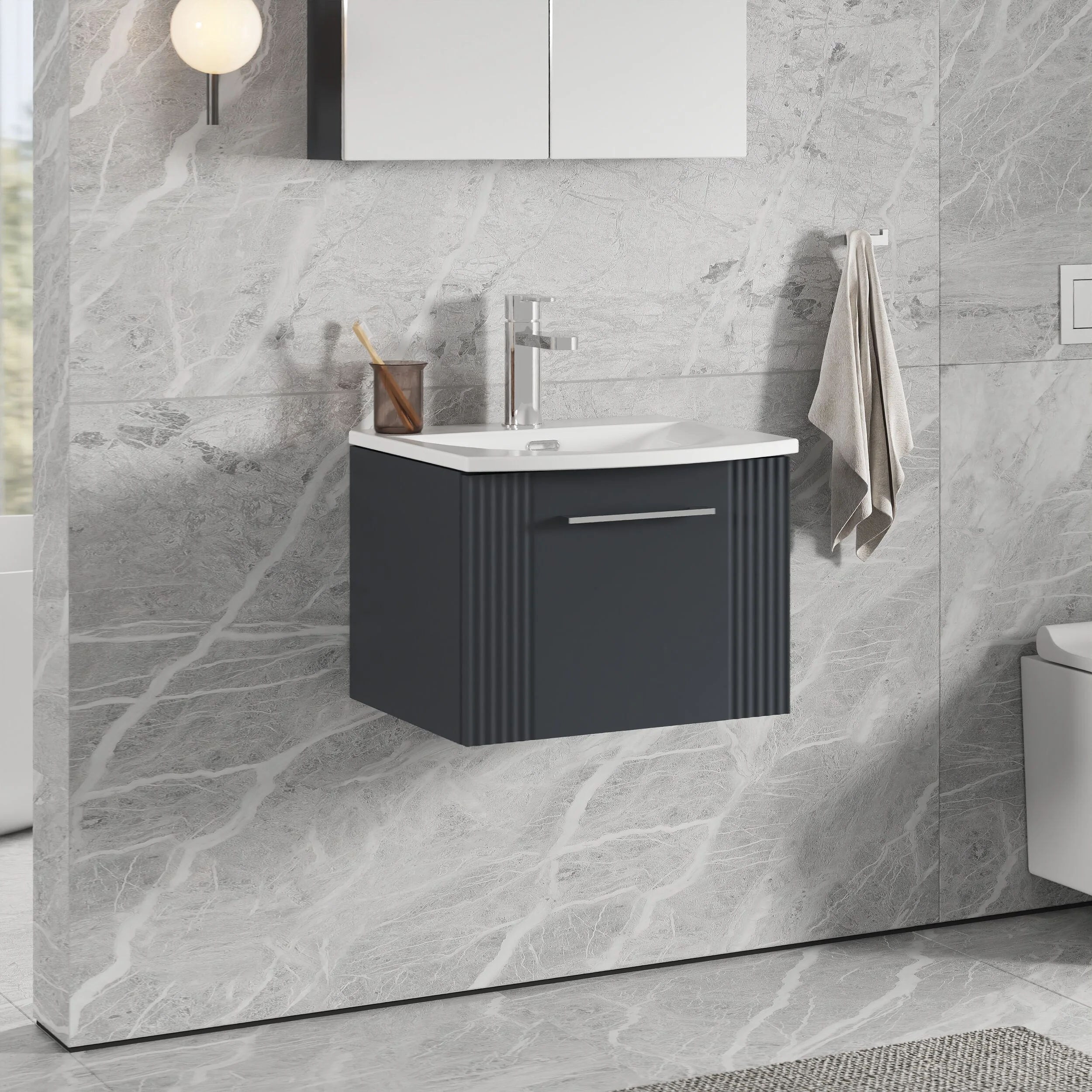 Partial Fluted 1 Drawer Wall Hung Vanity Unit with 1 Tap Hole Curved Basin- 500mm - Satin Dark Grey - Image 4