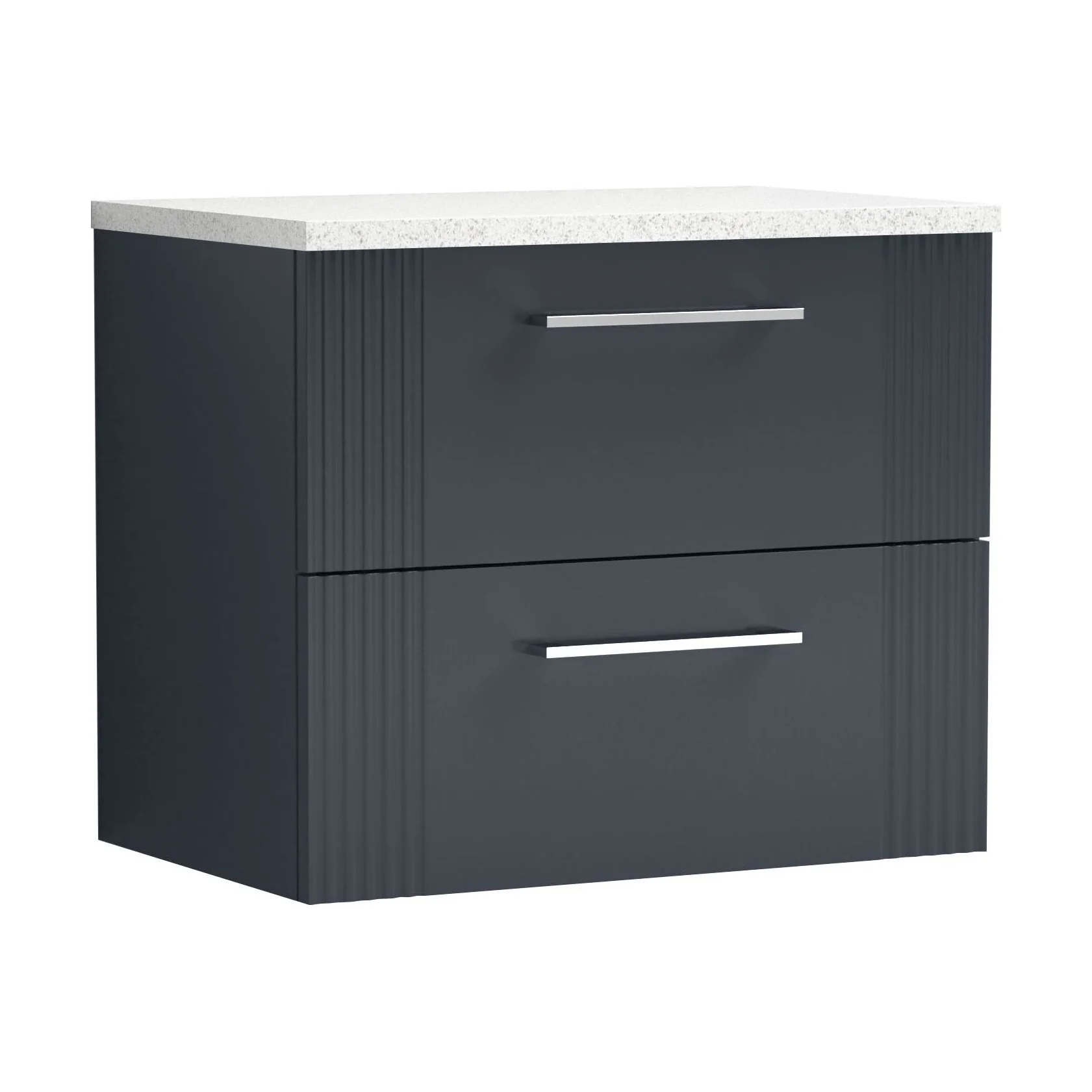 Partial Fluted 2 Drawer Wall Hung Vanity Unit with Sparkling White Laminate Worktop - 600mm - Satin Dark Grey