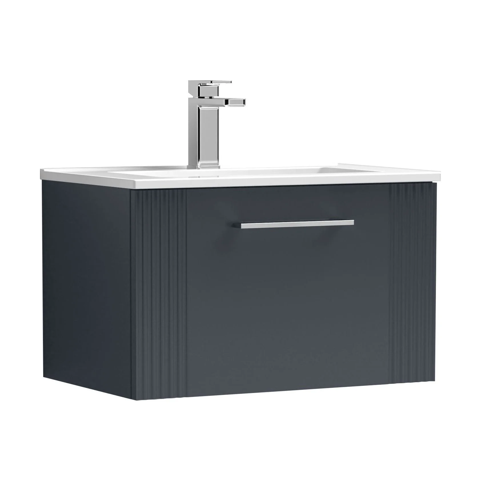 Partial Fluted 1 Drawer Wall Hung Vanity Unit with 1 Tap Hole Minimalist Basin - 600mm - Satin Dark Grey