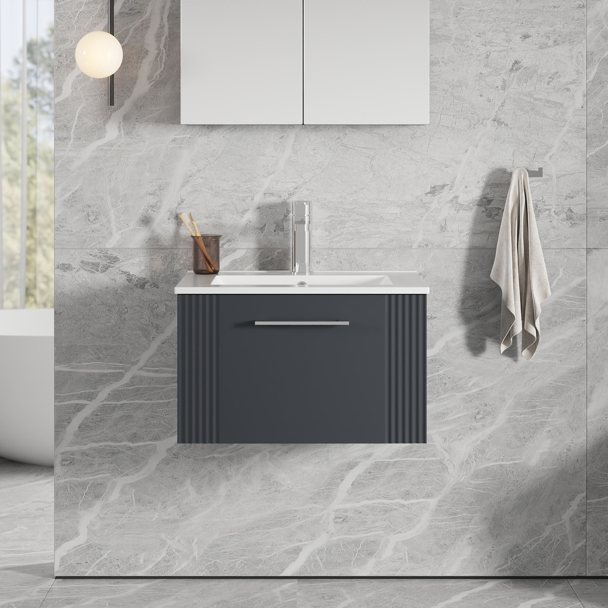 Partial Fluted 1 Drawer Wall Hung Vanity Unit with 1 Tap Hole Minimalist Basin - 600mm - Satin Dark Grey - Image 2