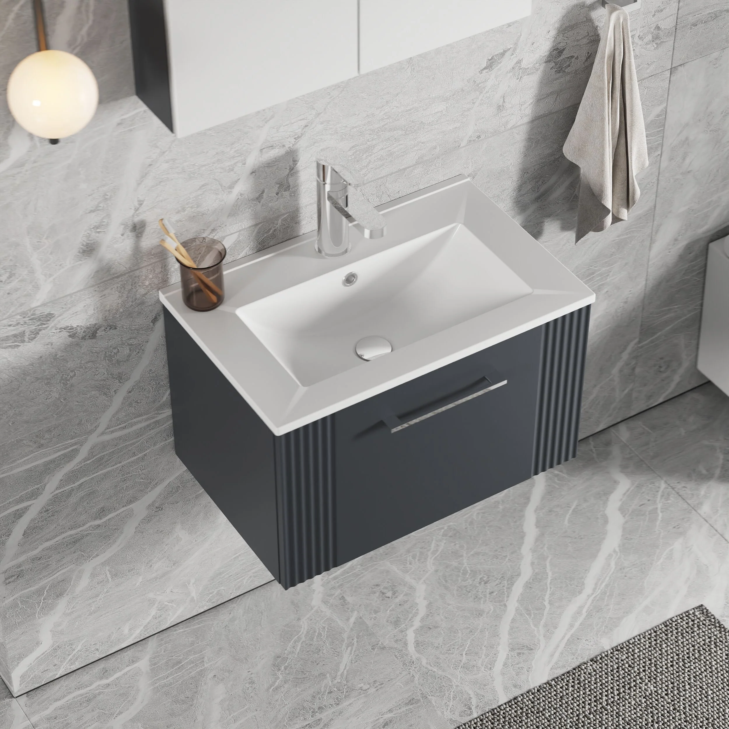 Partial Fluted 1 Drawer Wall Hung Vanity Unit with 1 Tap Hole Minimalist Basin - 600mm - Satin Dark Grey - Image 3