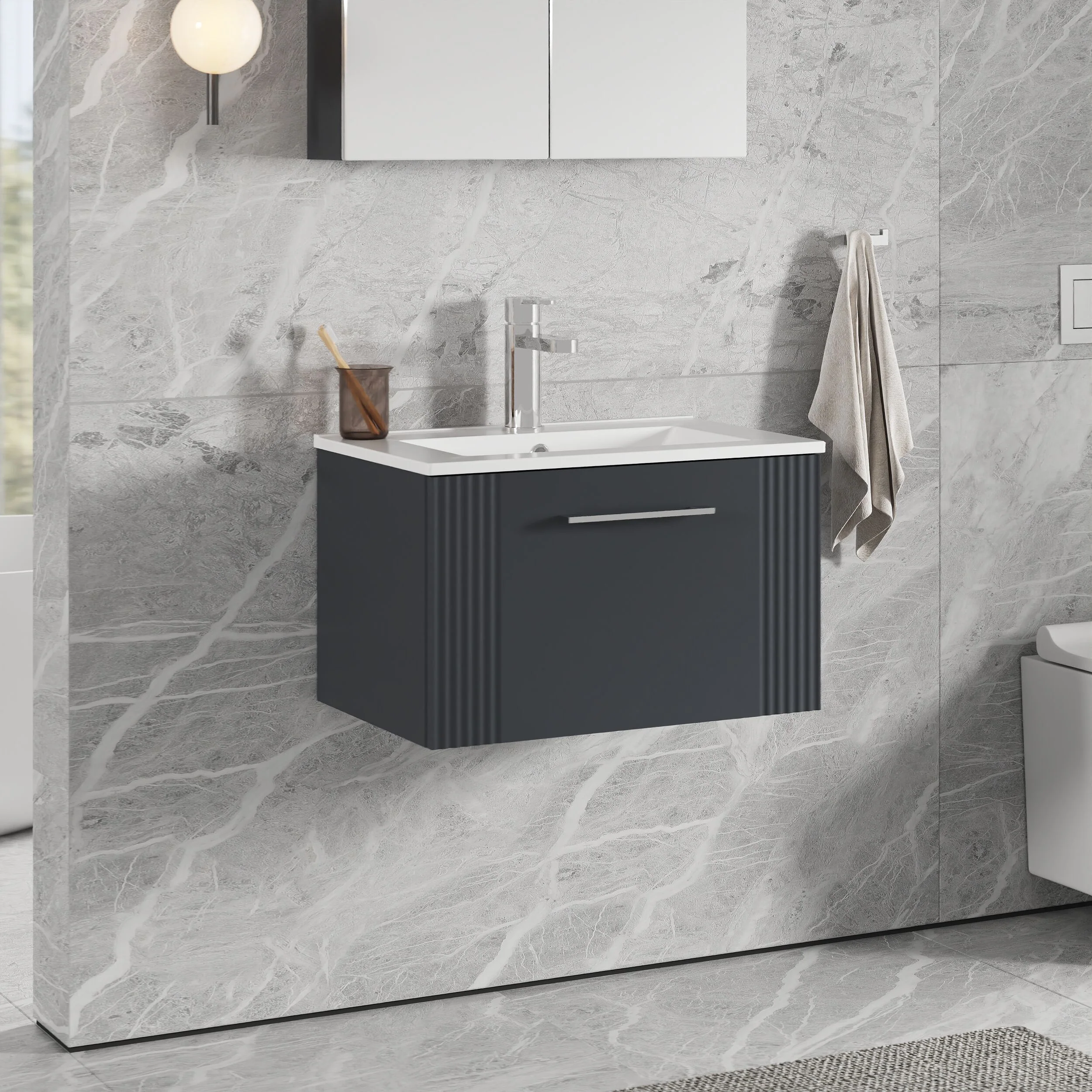 Partial Fluted 1 Drawer Wall Hung Vanity Unit with 1 Tap Hole Minimalist Basin - 600mm - Satin Dark Grey - Image 4