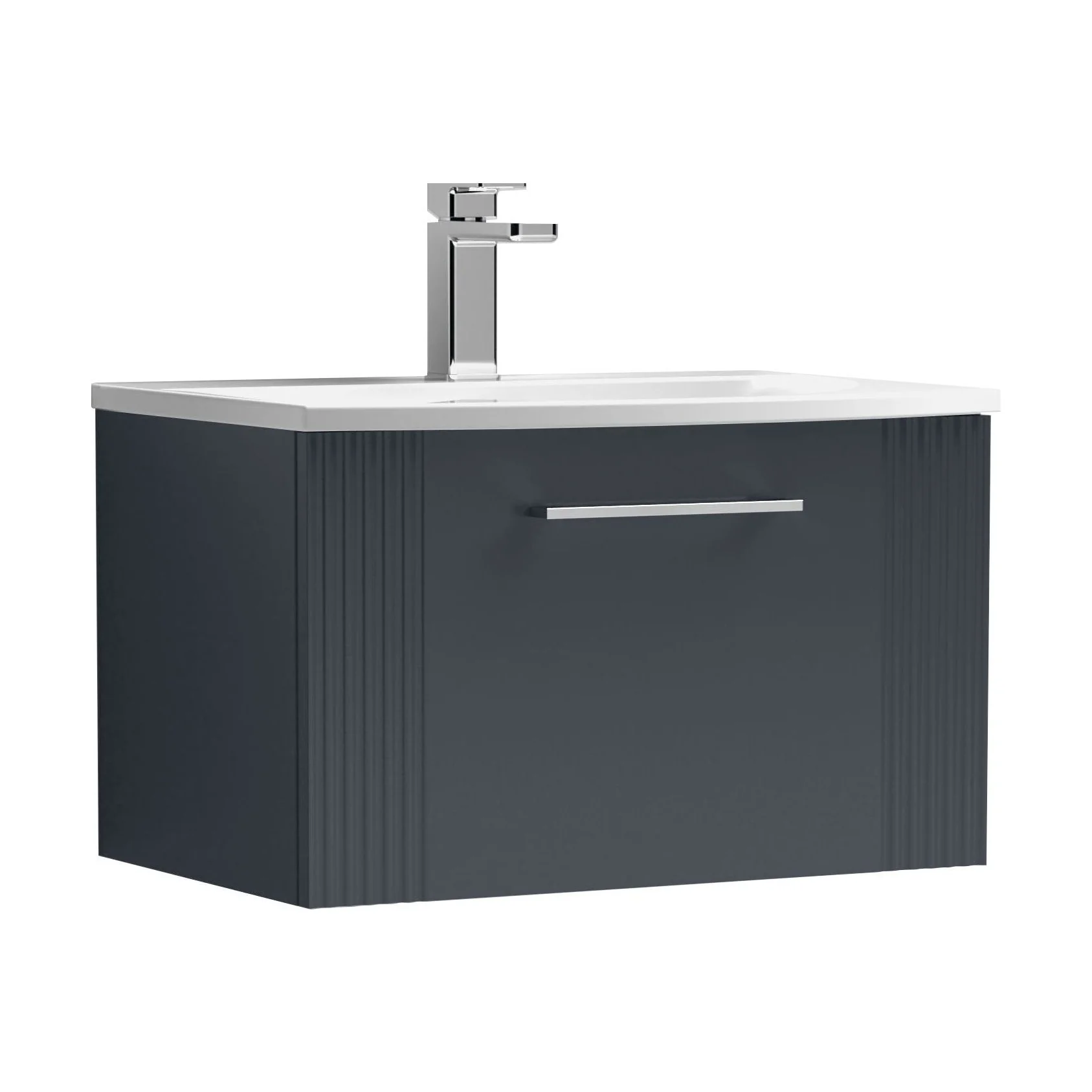 Partial Fluted 1 Drawer Wall Hung Vanity Unit with 1 Tap Hole Curved Basin- 600mm - Satin Dark Grey