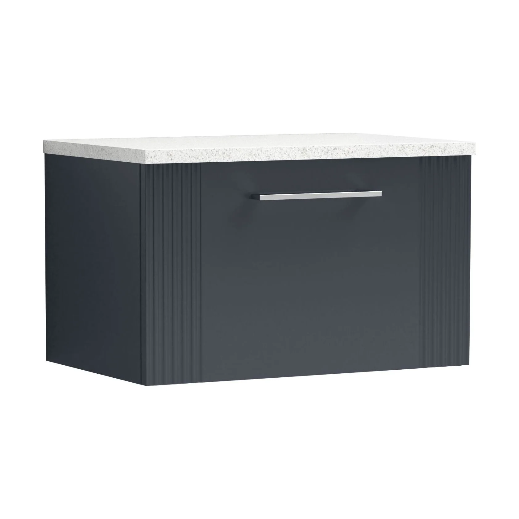 Partial Fluted 1 Drawer Wall Hung Vanity Unit with Sparkling White Laminate Worktop - 600mm - Satin Dark Grey