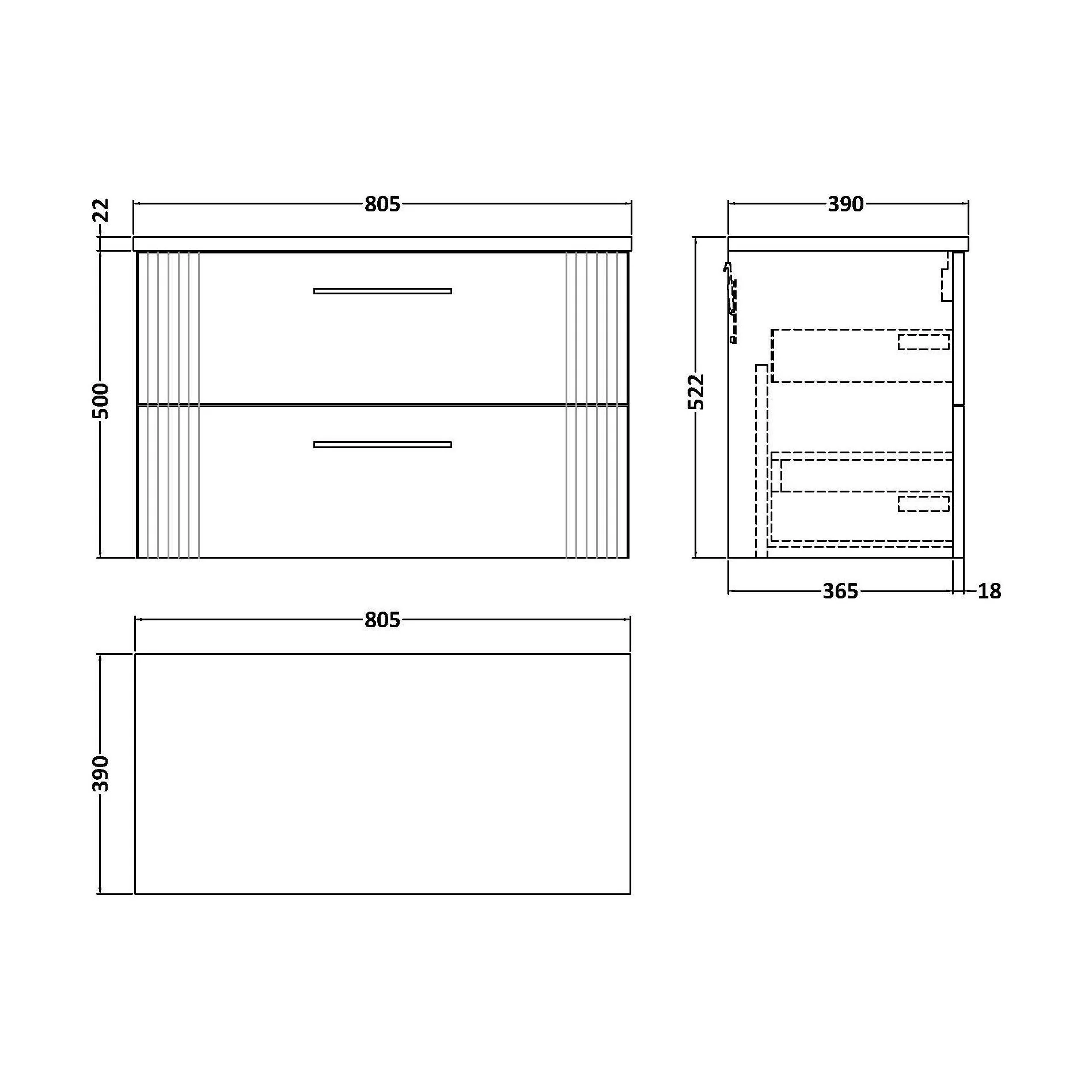 Partial Fluted 2 Drawer Wall Hung Vanity Unit with Sparkling White Laminate Worktop - 800mm - Satin Dark Grey - Image 2