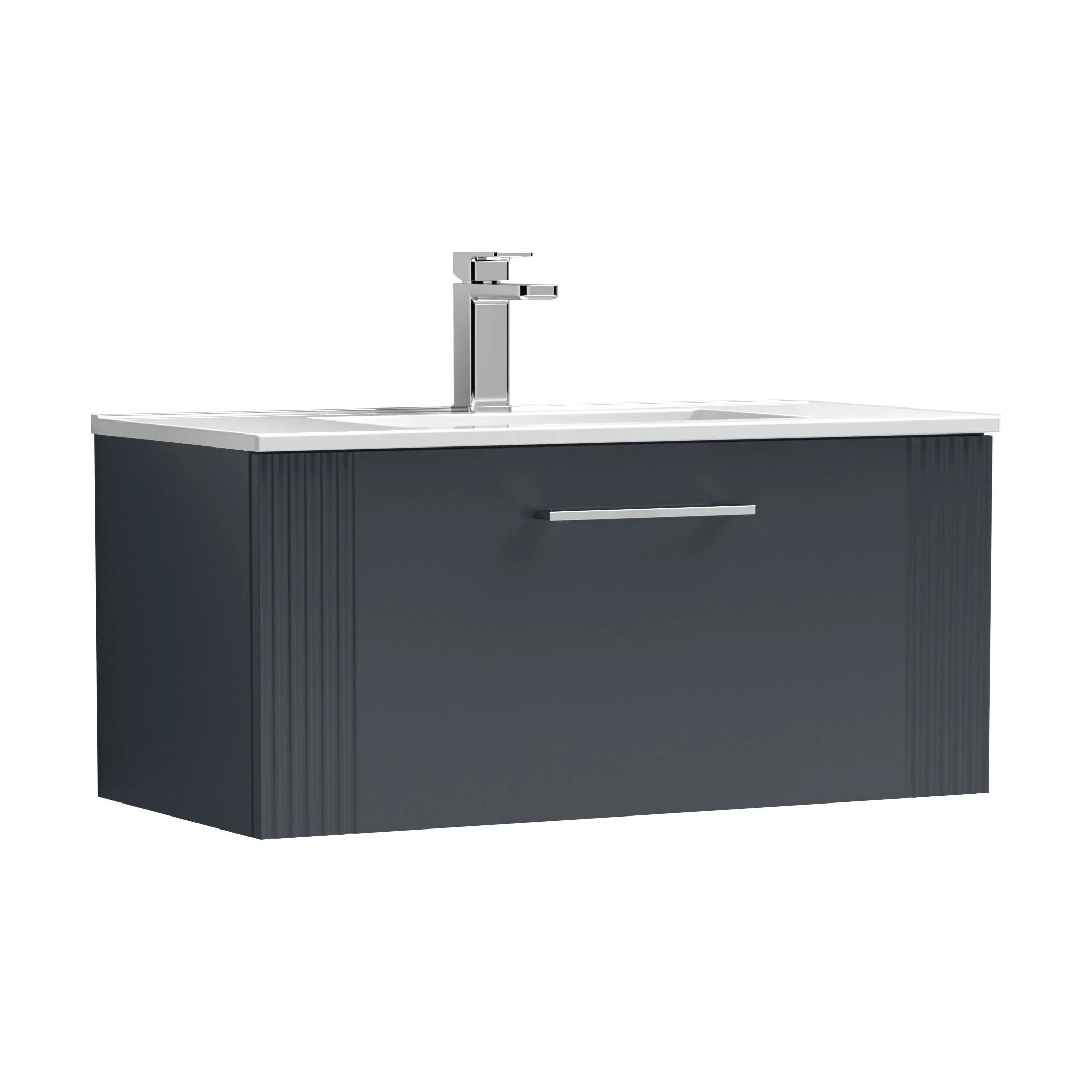 Partial Fluted 1 Drawer Wall Hung Vanity Unit with 1 Tap Hole Minimalist Basin - 800mm - Satin Dark Grey