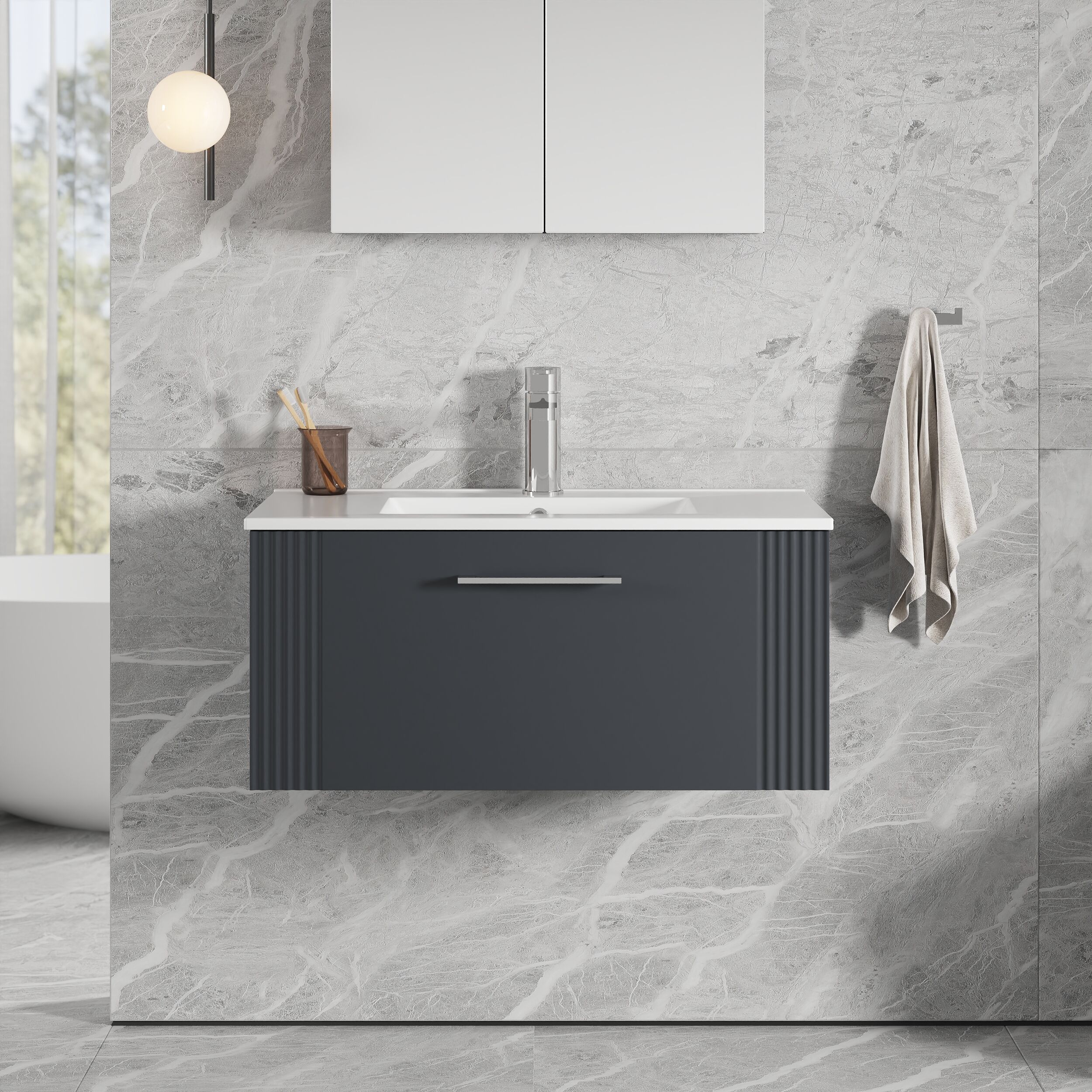 Partial Fluted 1 Drawer Wall Hung Vanity Unit with 1 Tap Hole Minimalist Basin - 800mm - Satin Dark Grey - Image 2