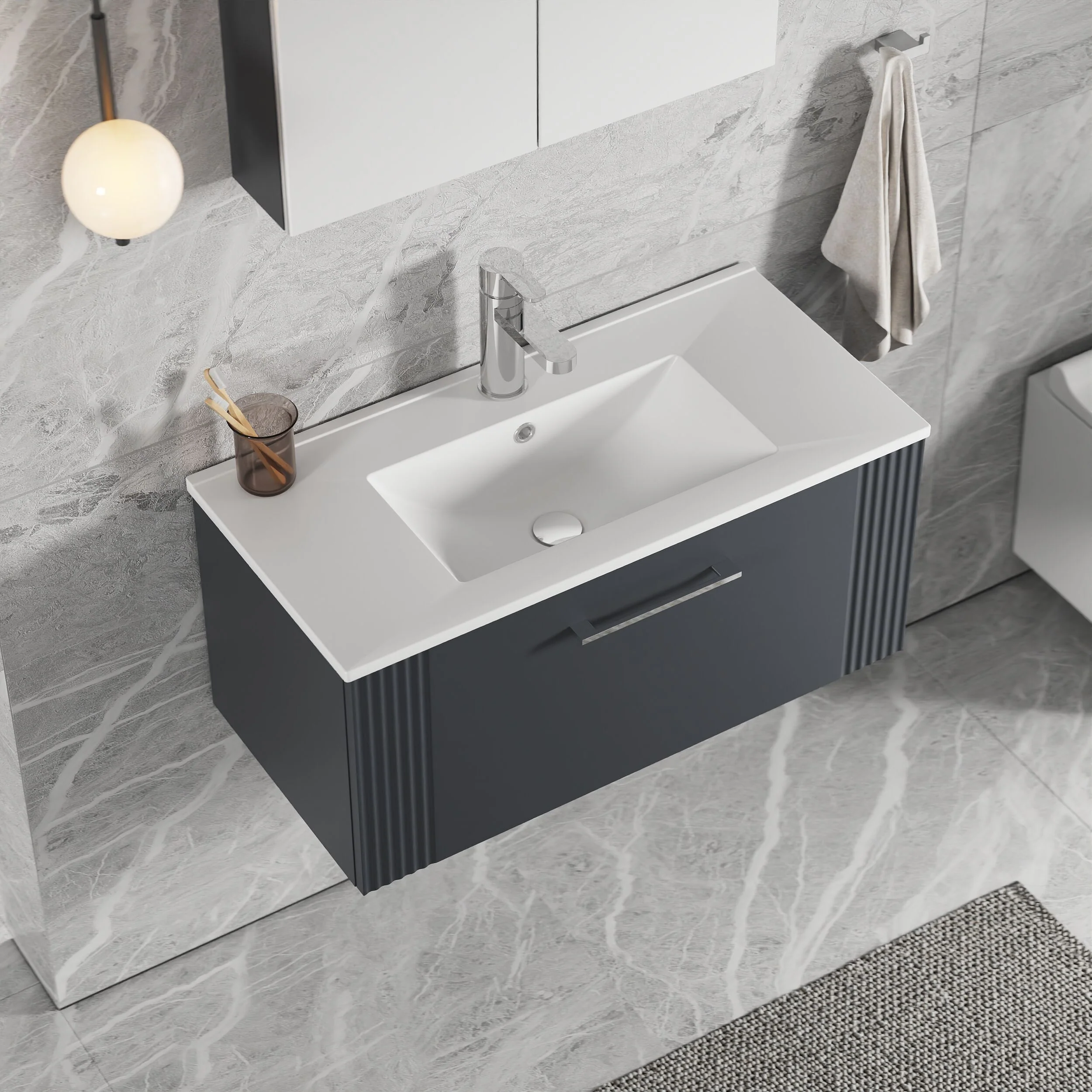 Partial Fluted 1 Drawer Wall Hung Vanity Unit with 1 Tap Hole Minimalist Basin - 800mm - Satin Dark Grey - Image 3