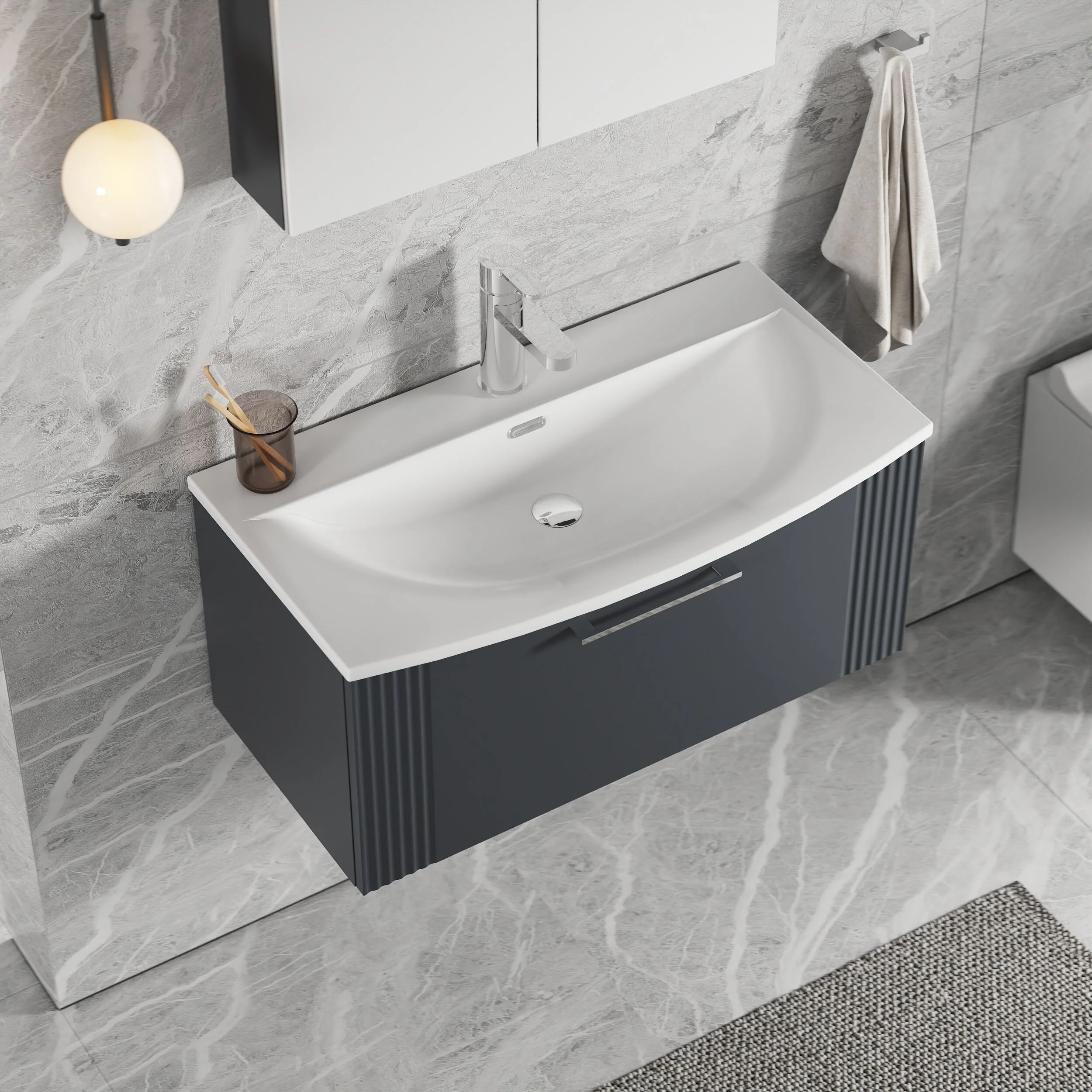 Partial Fluted 1 Drawer Wall Hung Vanity Unit with 1 Tap Hole Curved Basin- 800mm - Satin Soft Black - Image 3