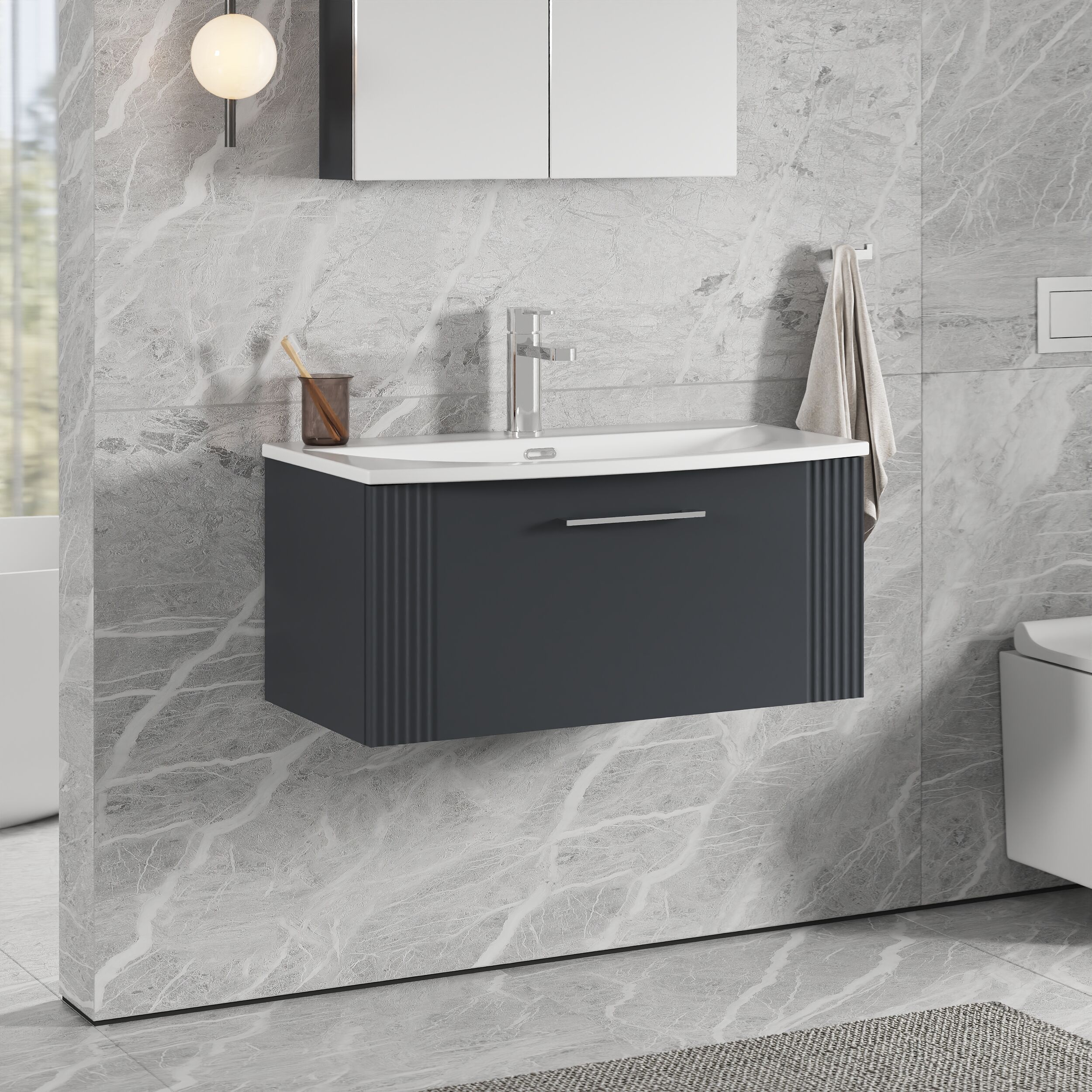 Partial Fluted 1 Drawer Wall Hung Vanity Unit with 1 Tap Hole Curved Basin- 800mm - Satin Soft Black - Image 4