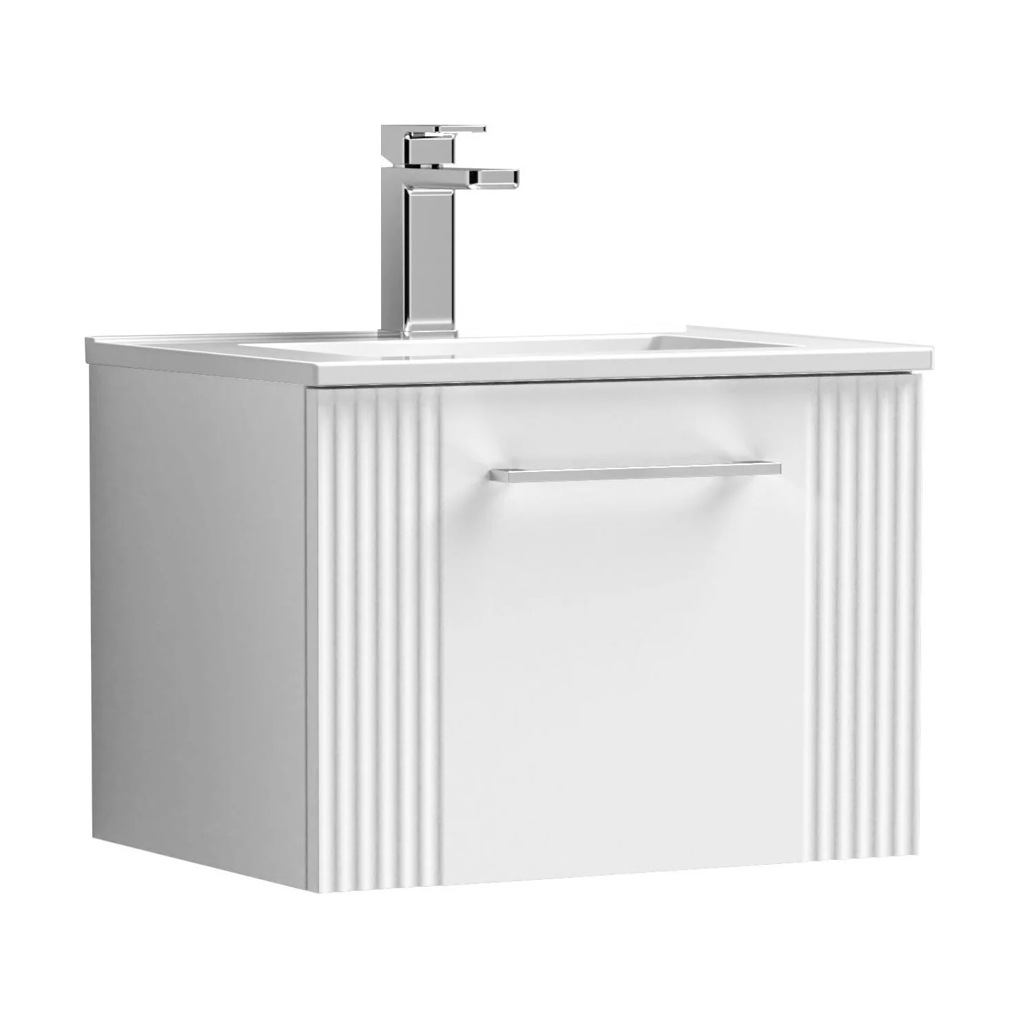 Partial Fluted 1 Drawer Wall Hung Vanity Unit with 1 Tap Hole Minimalist Basin - 500mm - Satin White