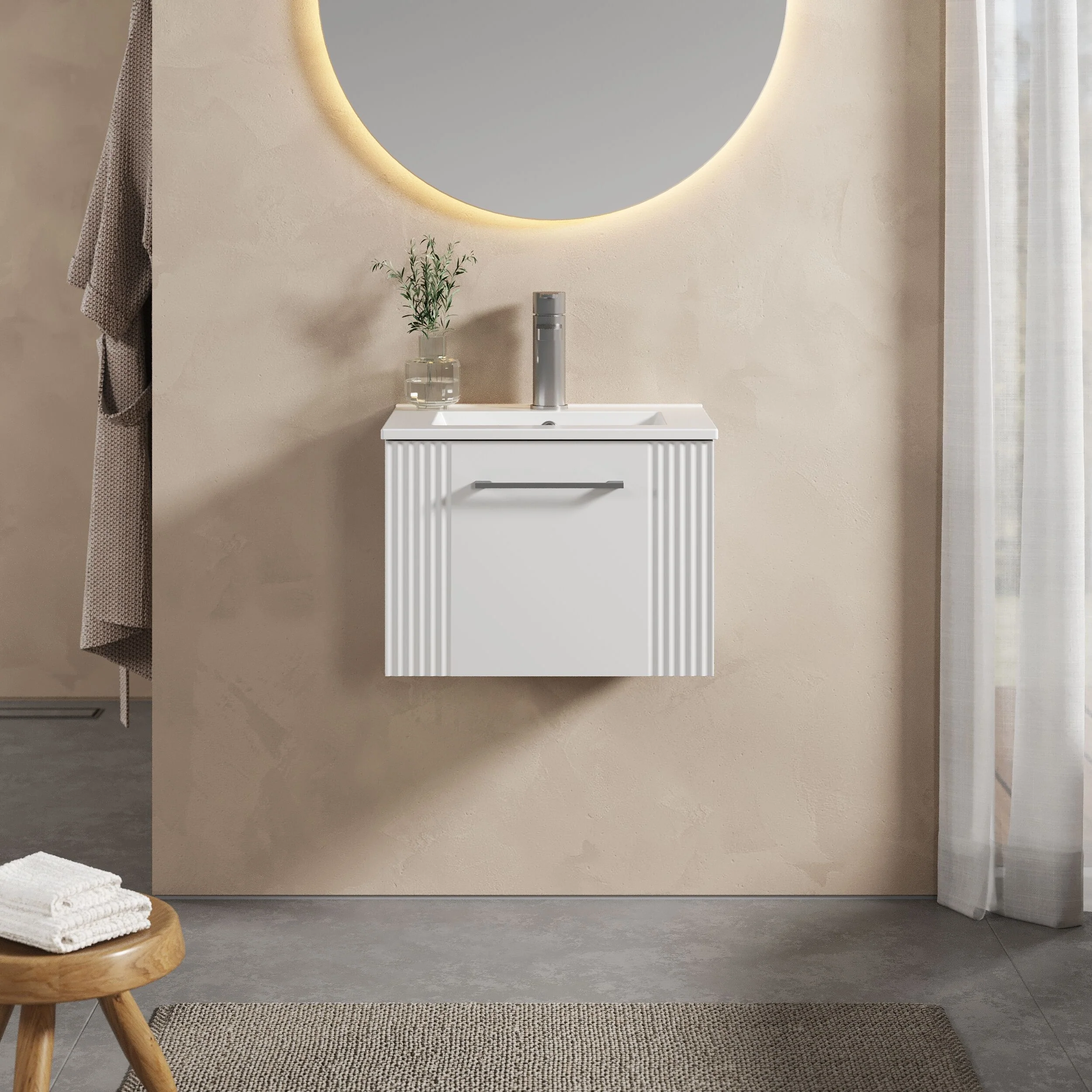 Partial Fluted 1 Drawer Wall Hung Vanity Unit with 1 Tap Hole Minimalist Basin - 500mm - Satin White - Image 2