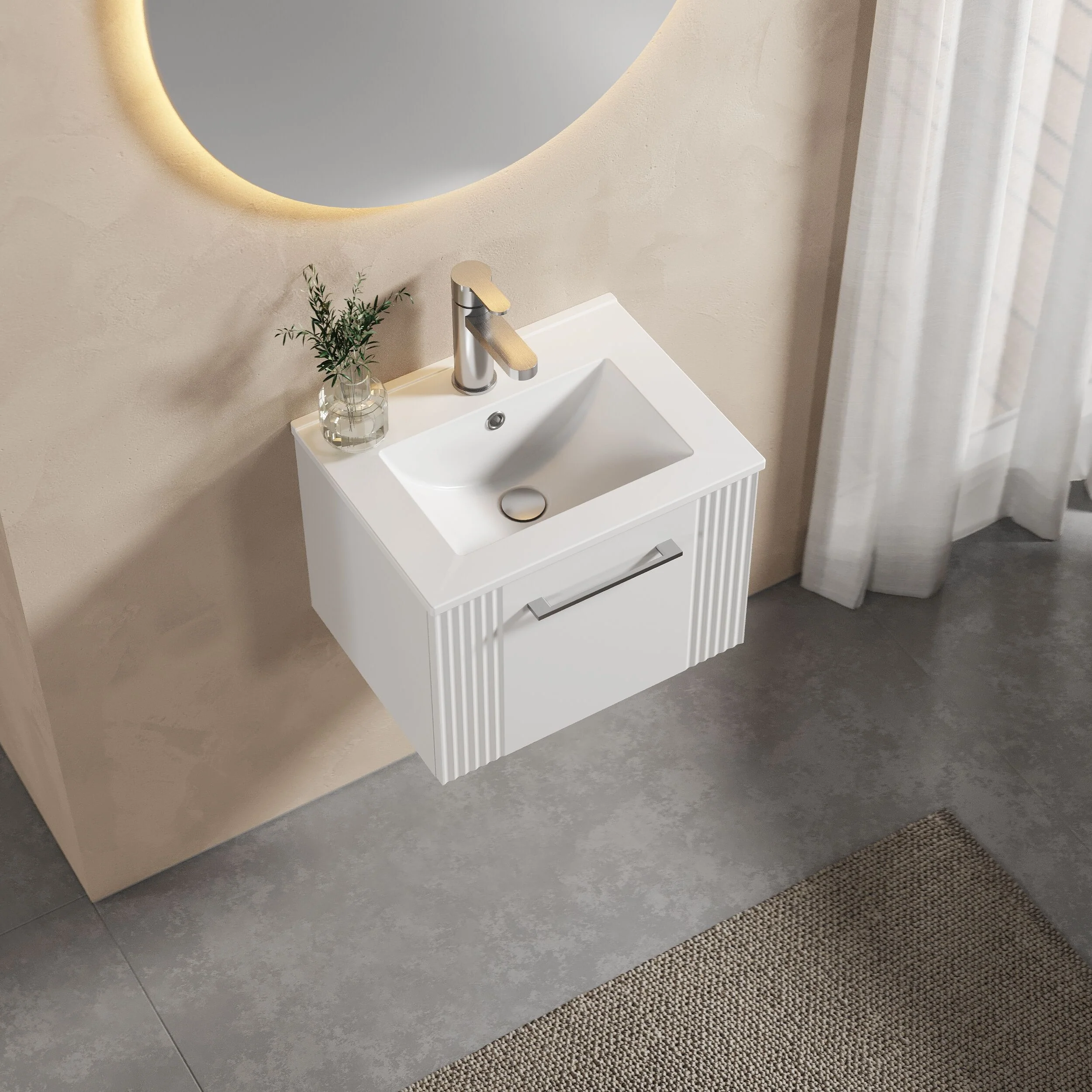 Partial Fluted 1 Drawer Wall Hung Vanity Unit with 1 Tap Hole Minimalist Basin - 500mm - Satin White - Image 3