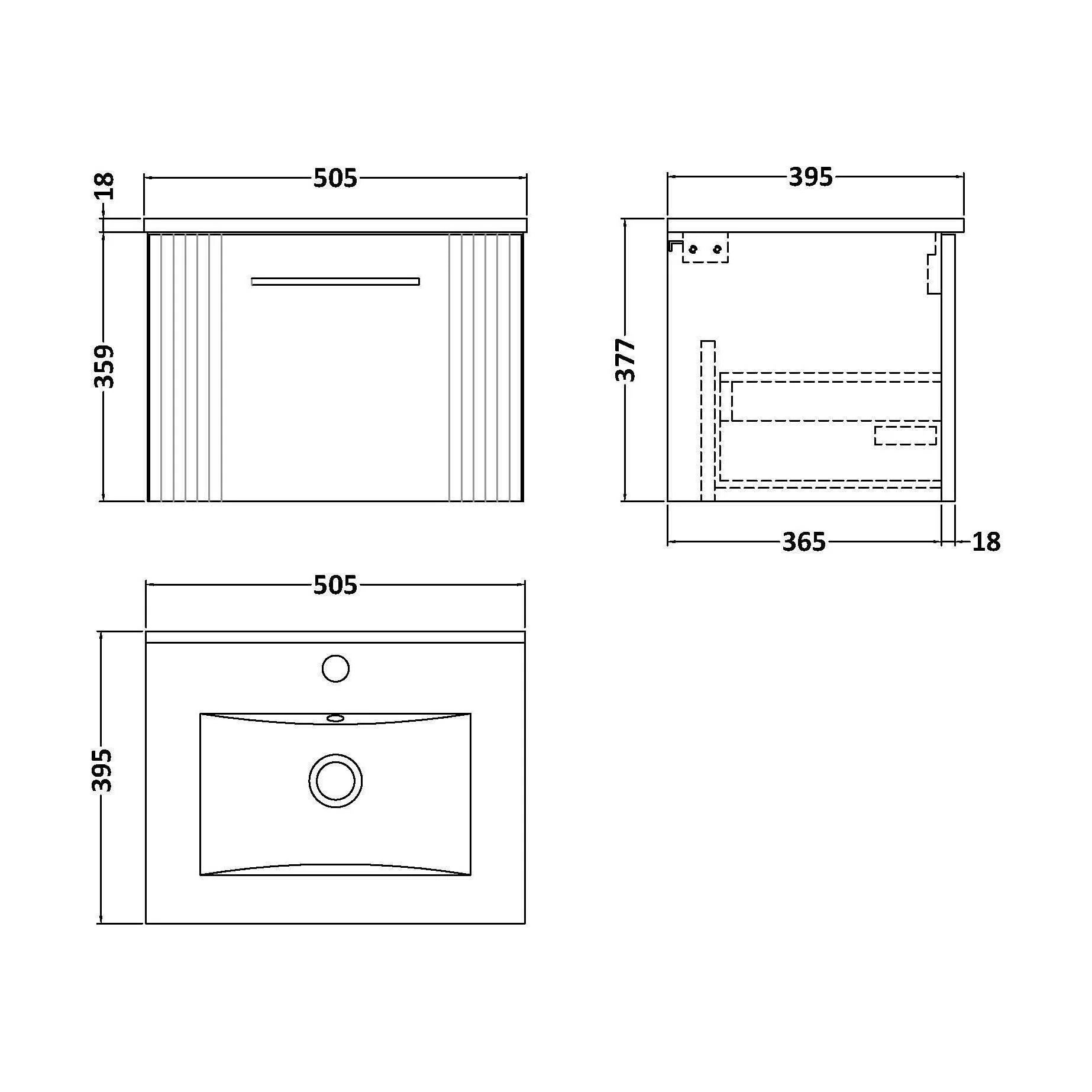 Partial Fluted 1 Drawer Wall Hung Vanity Unit with 1 Tap Hole Minimalist Basin - 500mm - Satin White - Image 5
